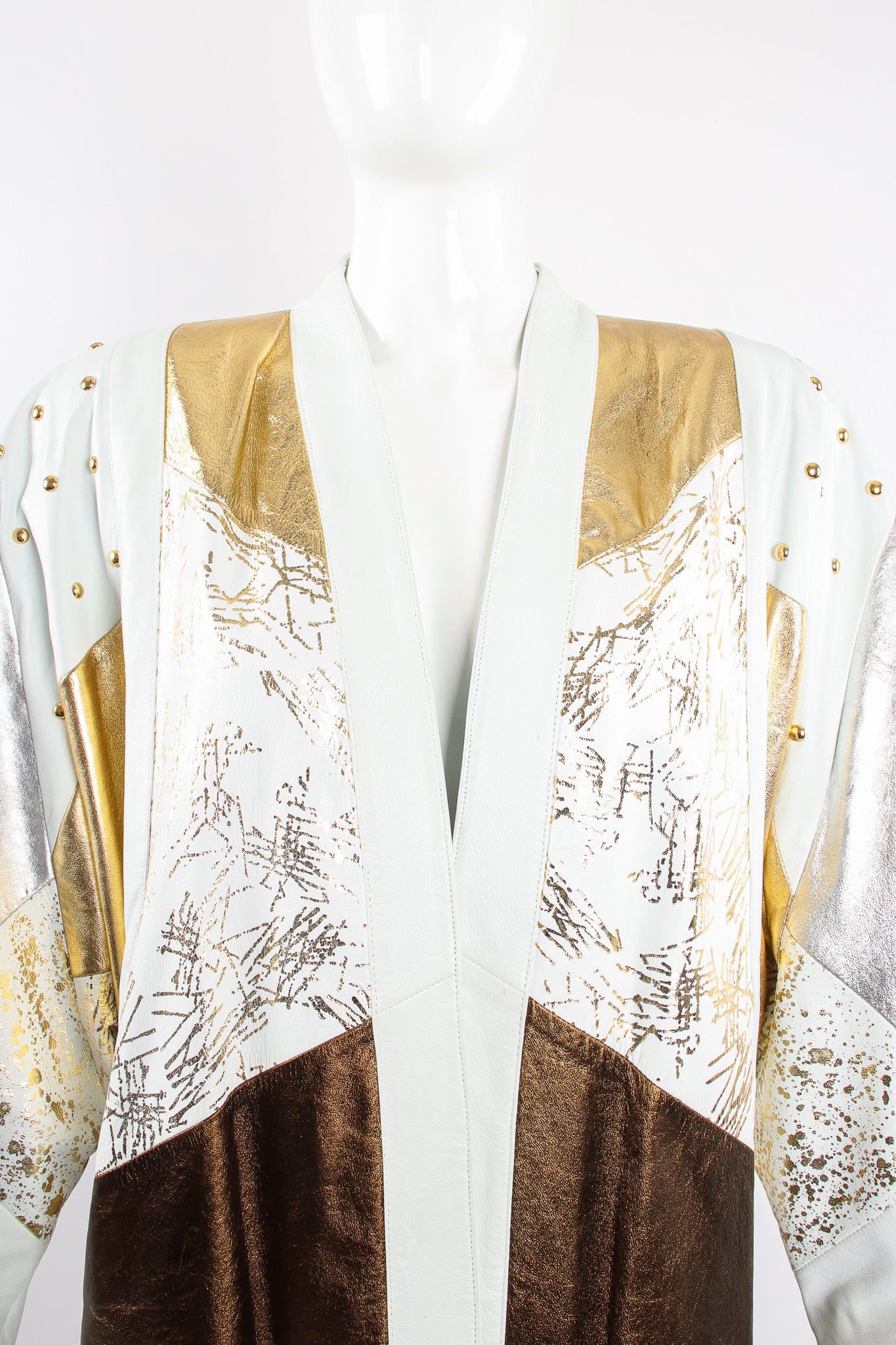 Vintage Jerusalem Leather Gold Leather Lamé Open Jacket on Mannequin crop at Recess Los Angeles