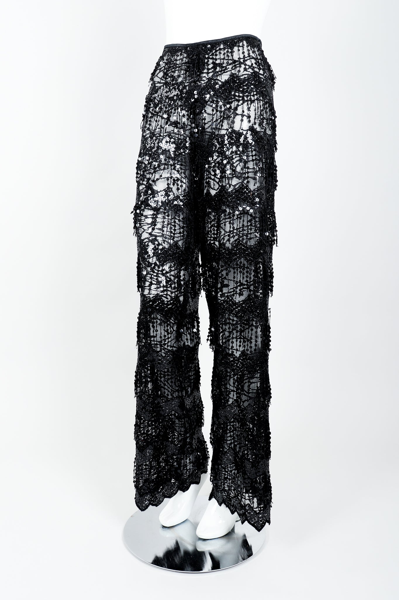 Vintage Jiki Sheer Sequin Tassel Pant On Mannequin Angled at Recess