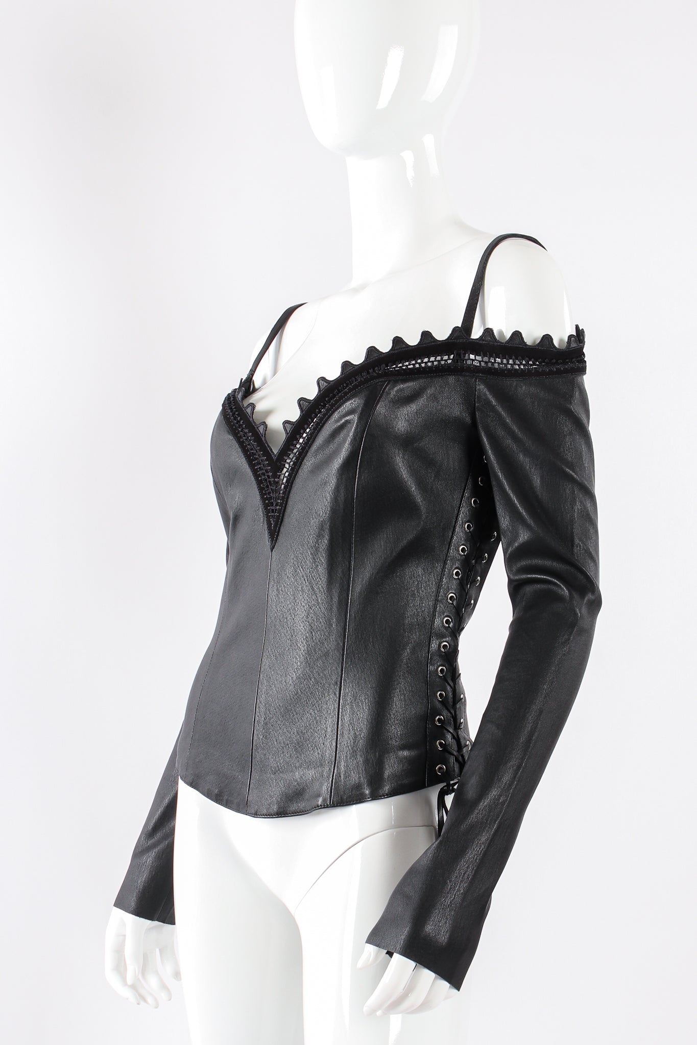 Jean Claude Jitrois Leather Cold Shoulder Corset Top side angle on mannequin at Recess Los Angeles