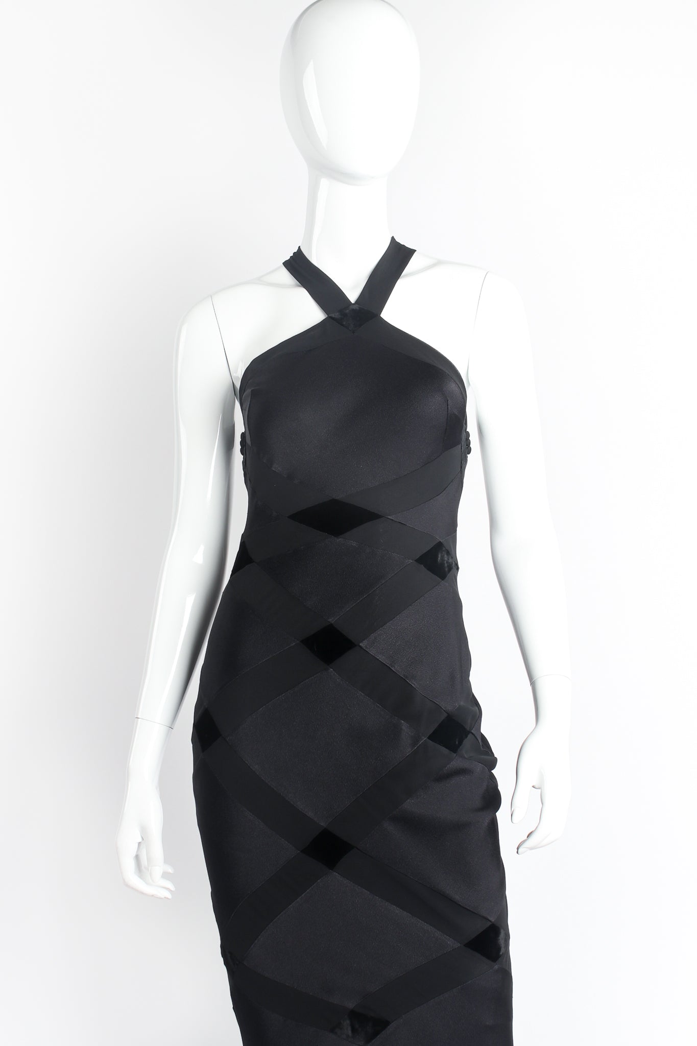 Vintage John Galliano Diamond Patchwork Halter Sheath Gown on Mannequin crop at Recess Los Angeles