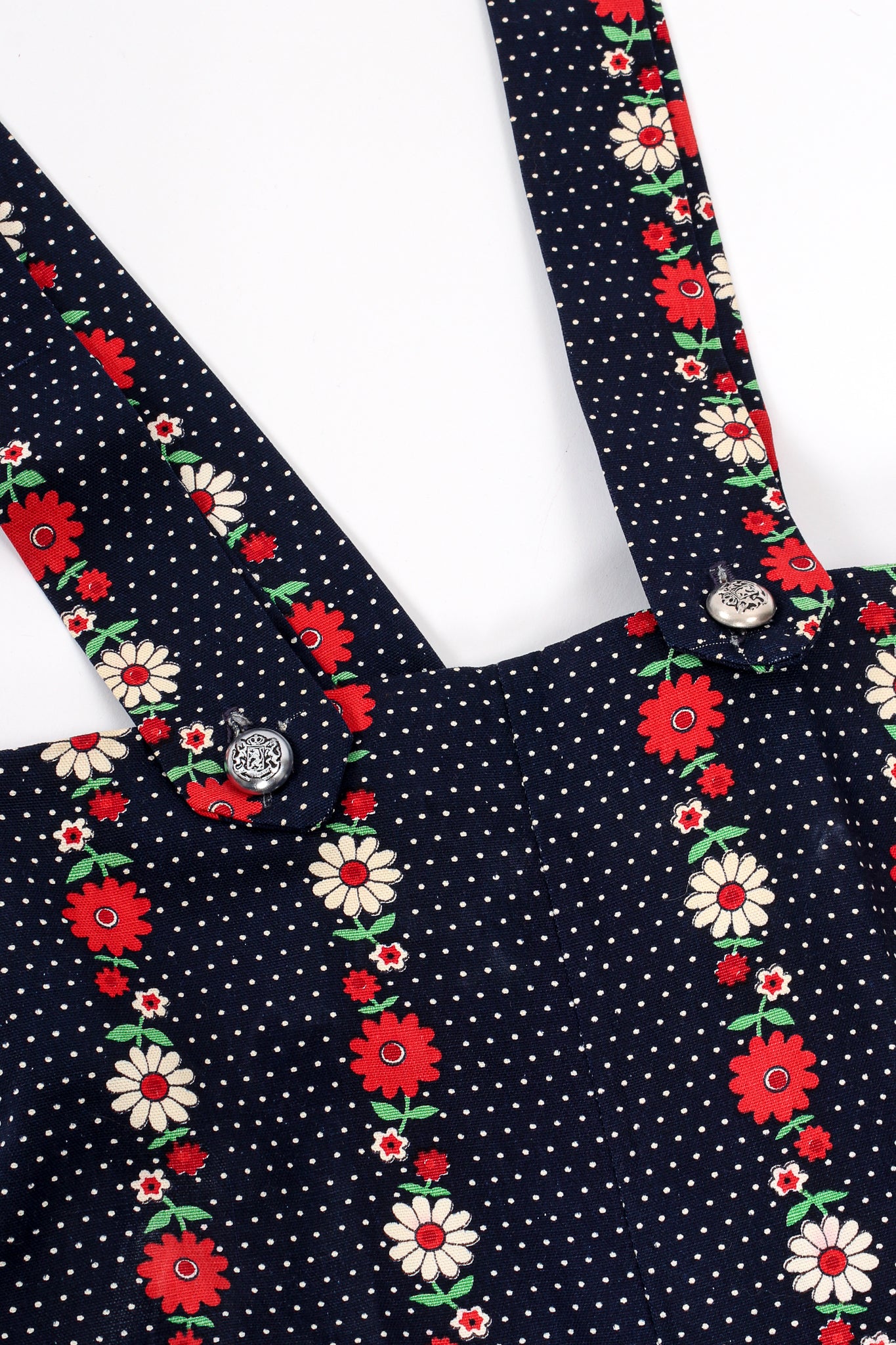 Vintage Joseph Magnin Wide Leg Floral Dot Suspender Pant button detail at Recess Los Angeles