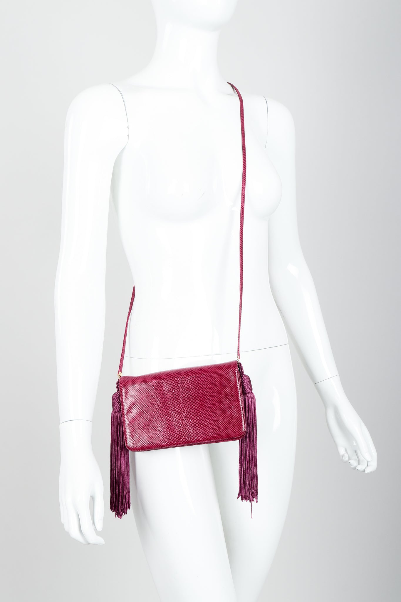 Vintage Judith Leiber Magenta Lizard Double Tassel Bag on Mannequin at Recess Los Angeles