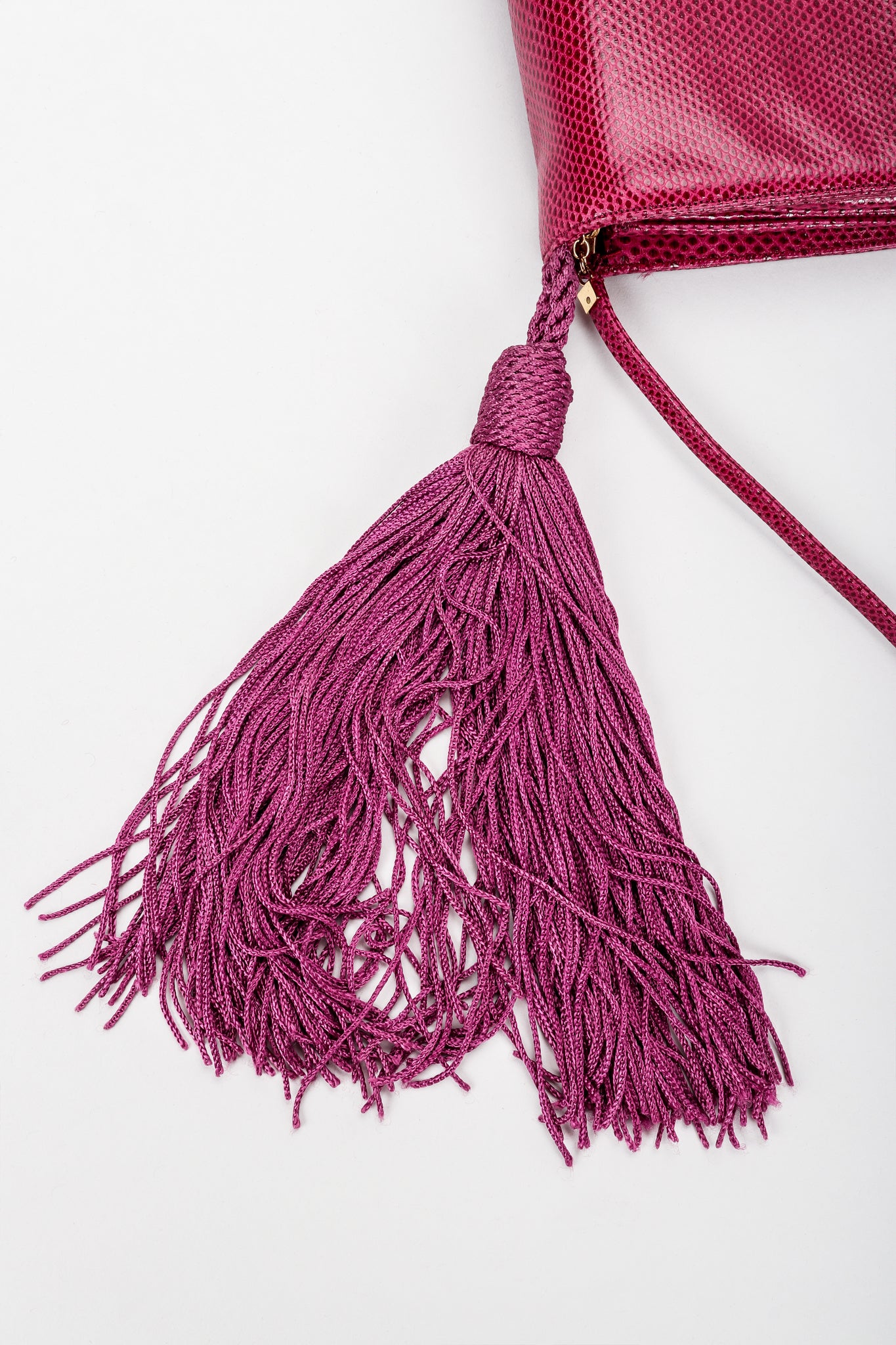 Vintage Judith Leiber Magenta Lizard Double Tassel Bag Tassel detail at Recess Los Angeles