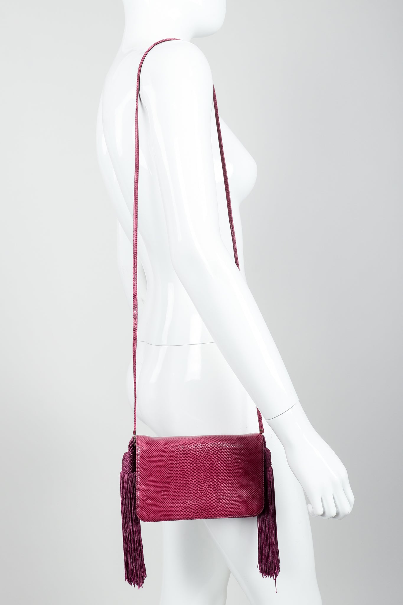 Vintage Judith Leiber Magenta Lizard Double Tassel Bag on Mannequin at Recess Los Angeles