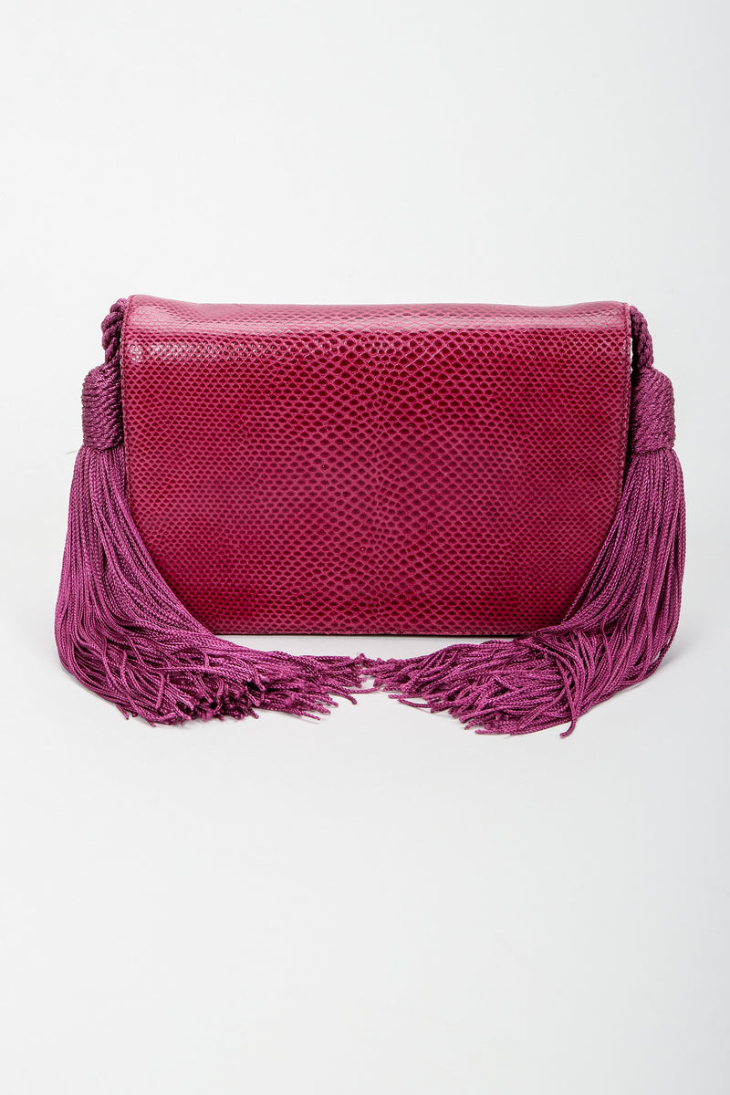 Vintage Judith Leiber Magenta Lizard Double Tassel Bag Front at Recess Los Angeles