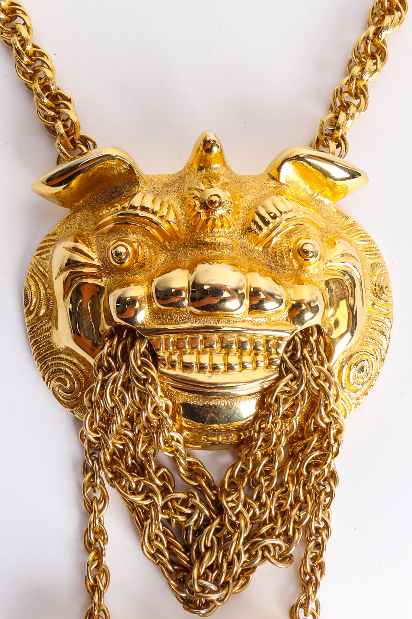 Vintage Judith Leiber Foo Dog Triple Pendant Necklace Closeup at Recess LA