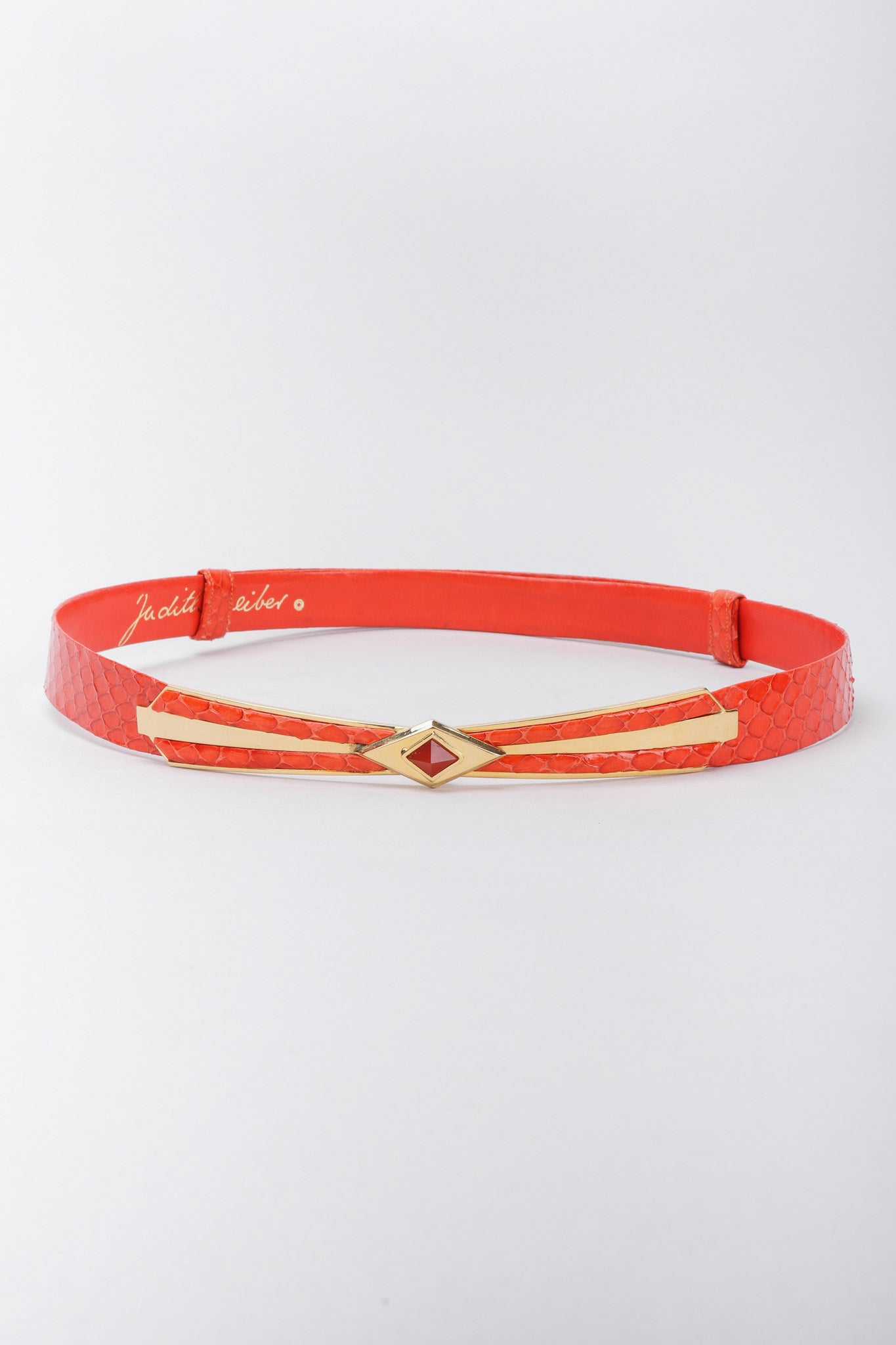 Recess Los Angeles Vintage Judith Leiber Orange Snakeskin Belt Gold Diamond Shaped Buckle