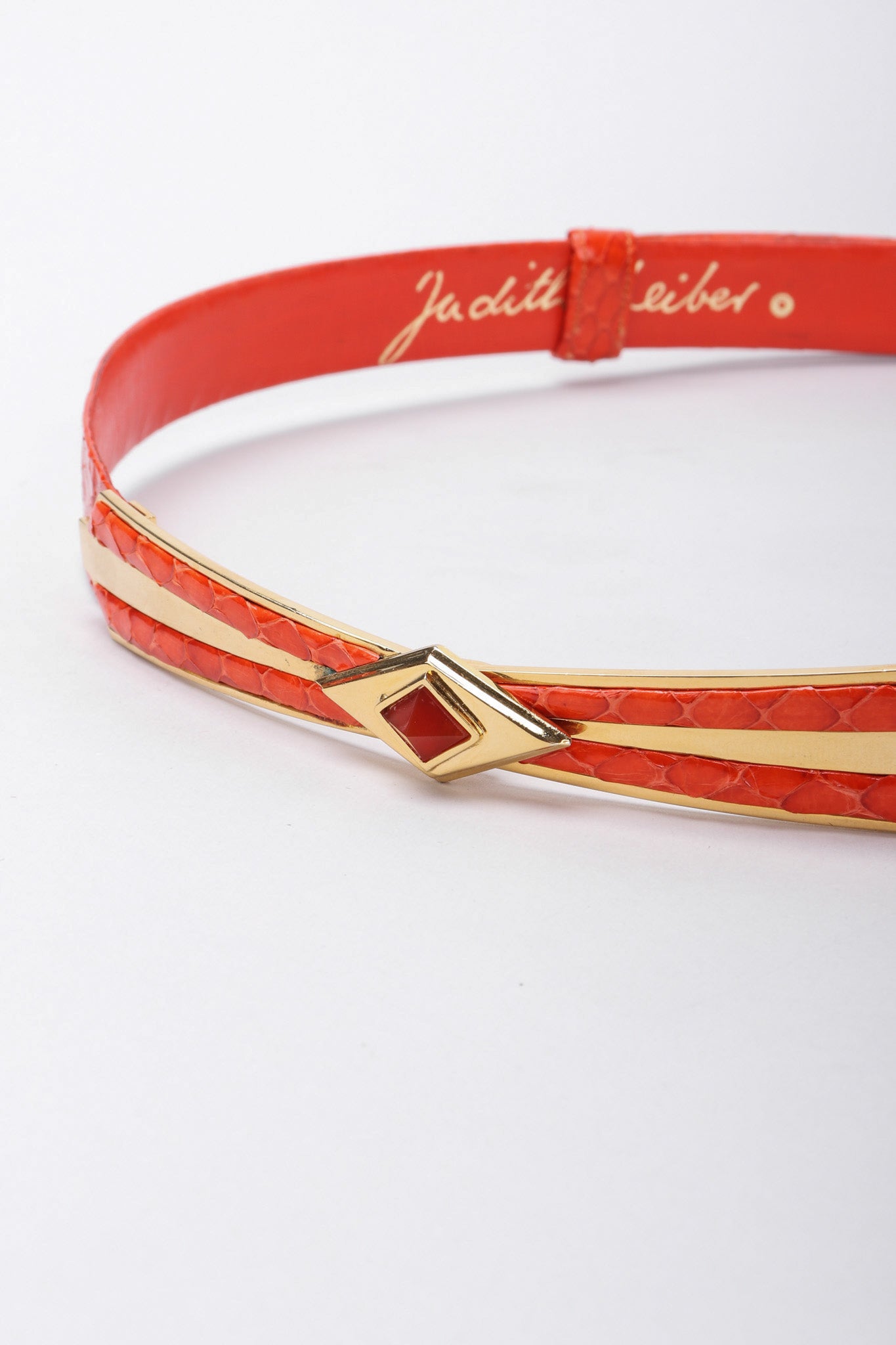 Recess Los Angeles Vintage Judith Leiber Orange Snakeskin Belt Gold Diamond Shaped Buckle