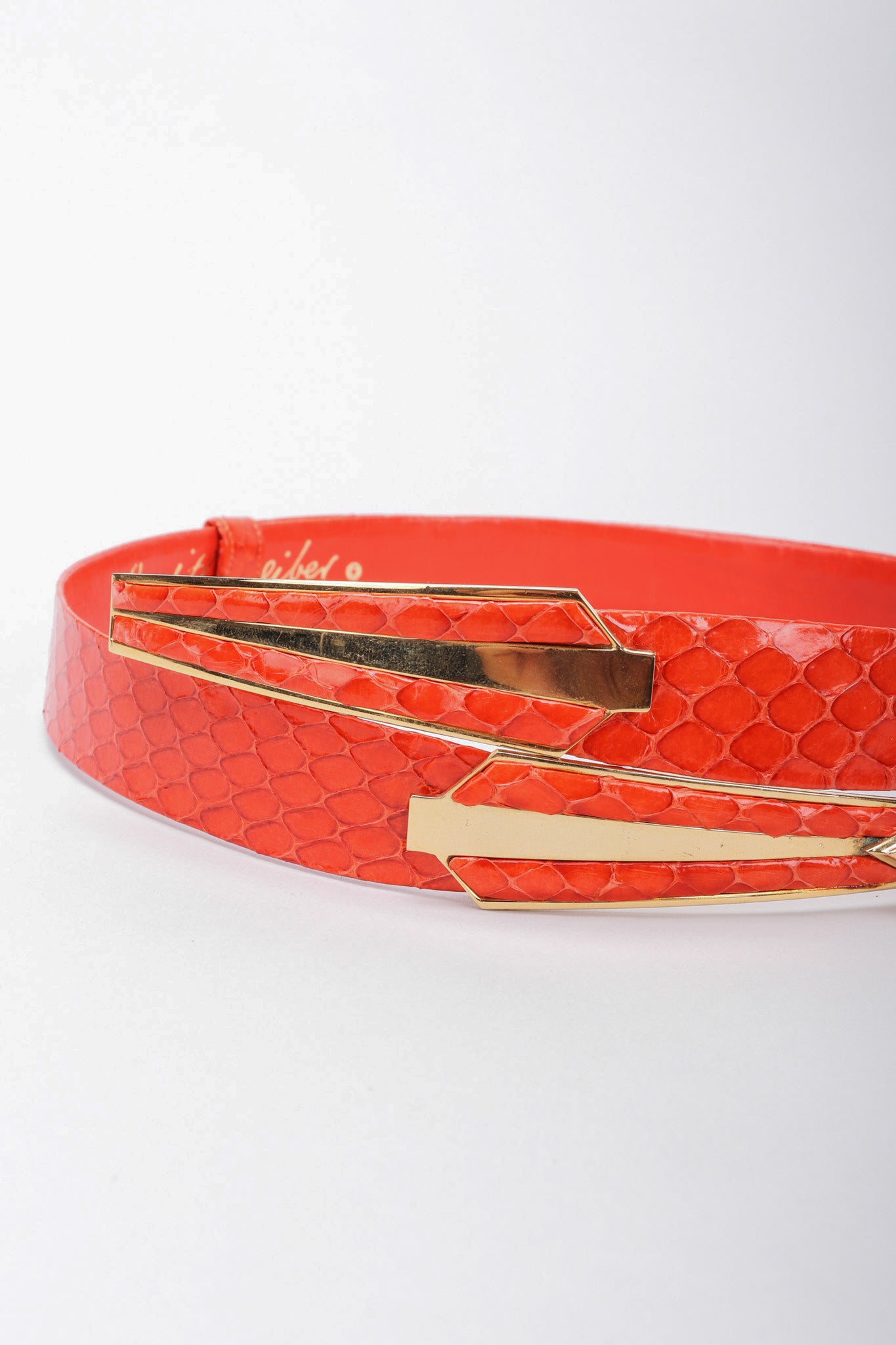 Recess Los Angeles Vintage Judith Leiber Orange Snakeskin Belt Gold Diamond Shaped Buckle