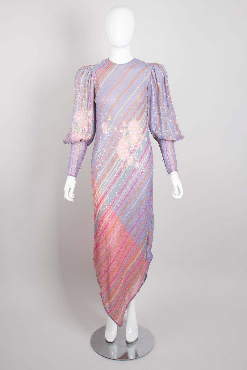 Recess Los Angeles Vintage Judy Hornby Pastel Sequin Chiffon Draped Cowl Back Bishop Sleeve Dress