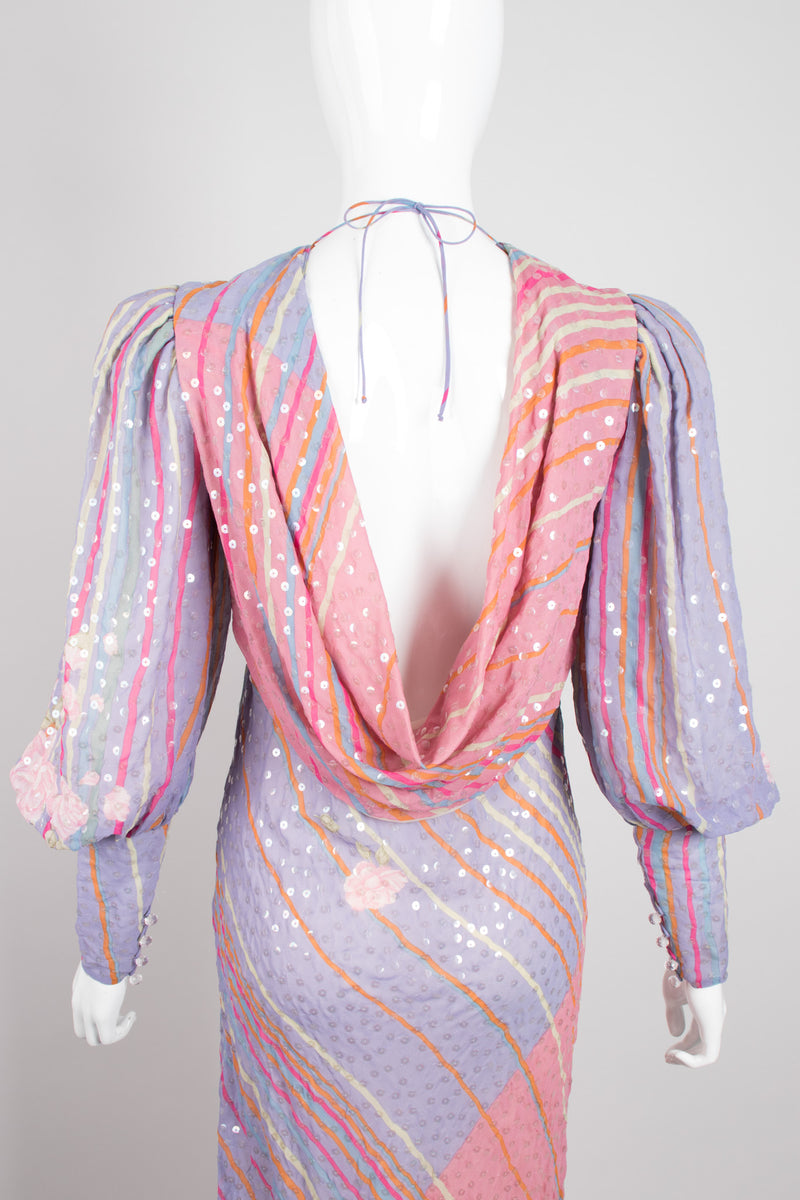 Recess Los Angeles Vintage Judy Hornby Pastel Sequin Chiffon Draped Cowl Back Bishop Sleeve Dress