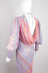 Recess Los Angeles Vintage Judy Hornby Pastel Sequin Chiffon Draped Cowl Back Bishop Sleeve Dress