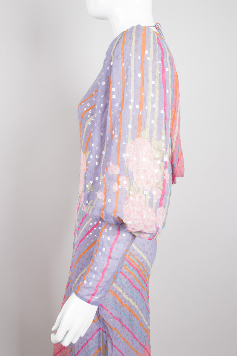 Recess Los Angeles Vintage Judy Hornby Pastel Sequin Chiffon Draped Cowl Back Bishop Sleeve Dress