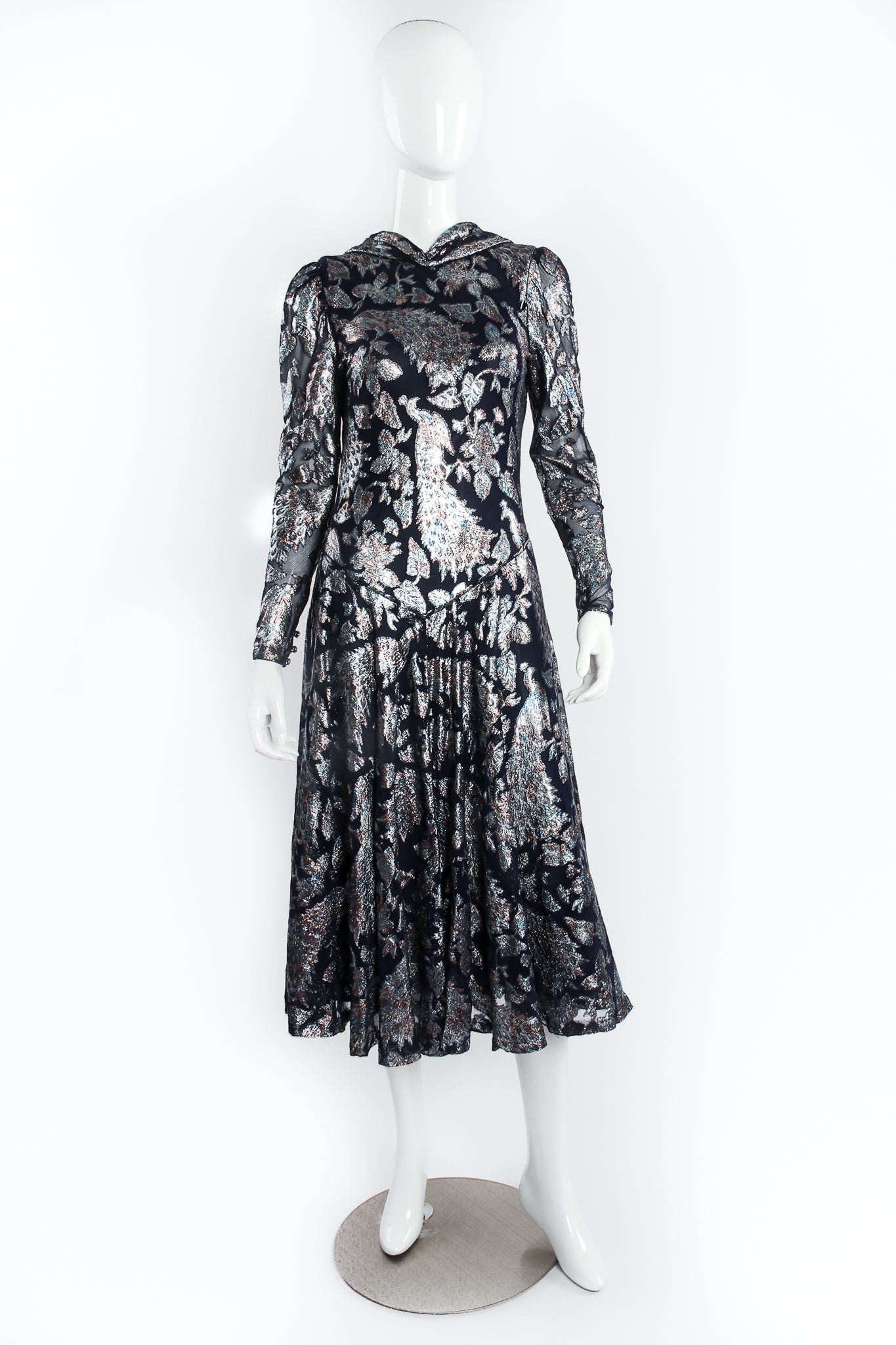 Vintage Judy Hornby Metallic Peacock Silk Chiffon Dress on Mannequin Front at Recess LA