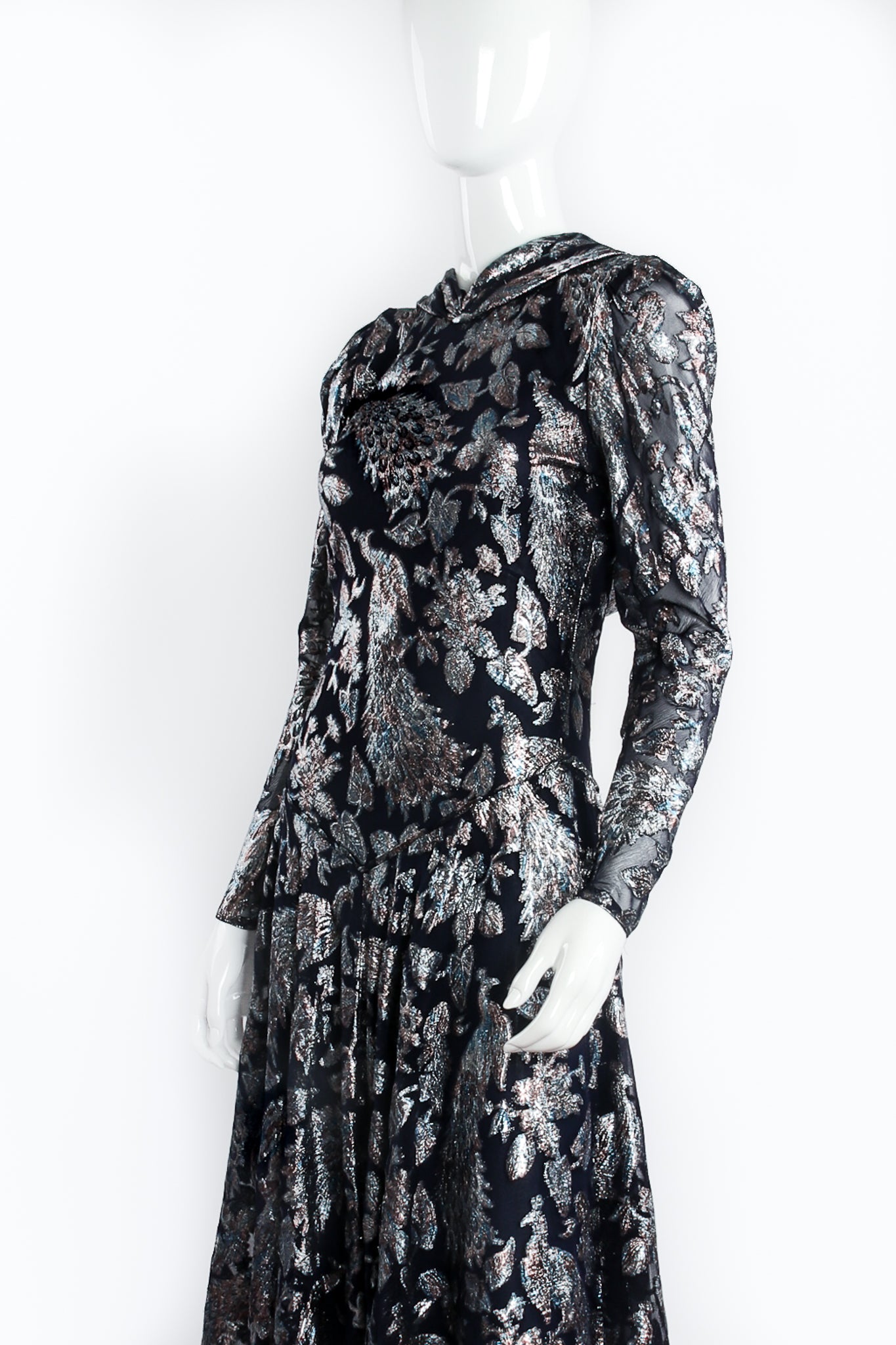 Vintage Judy Hornby Metallic Peacock Silk Chiffon Dress on Mannequin Angle at Recess LA