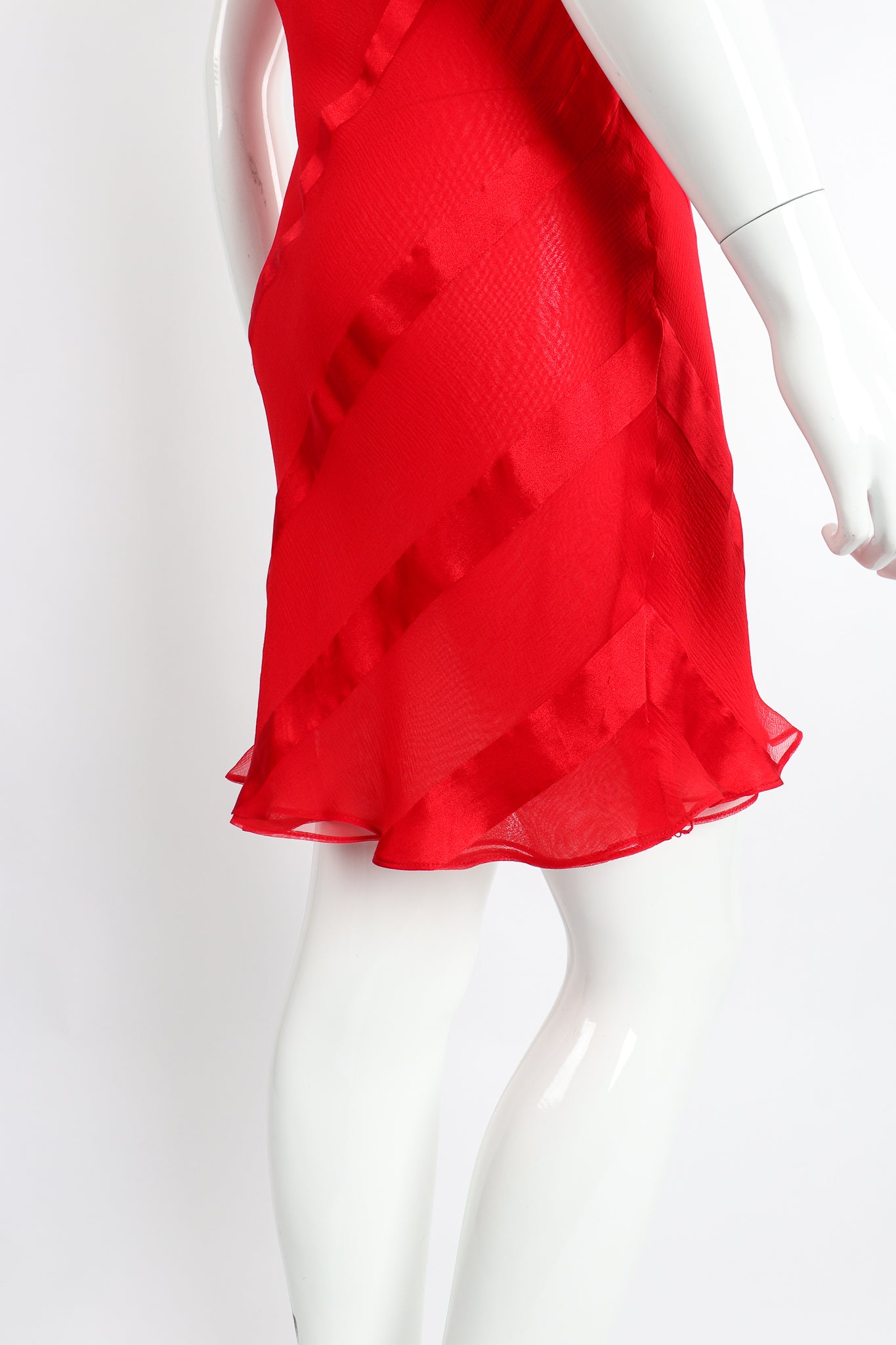 Vintage Judy Hornby Asymmetrical Ruffle Sleeve Bias Dress on Mannequin Back Skirt at Recess LA