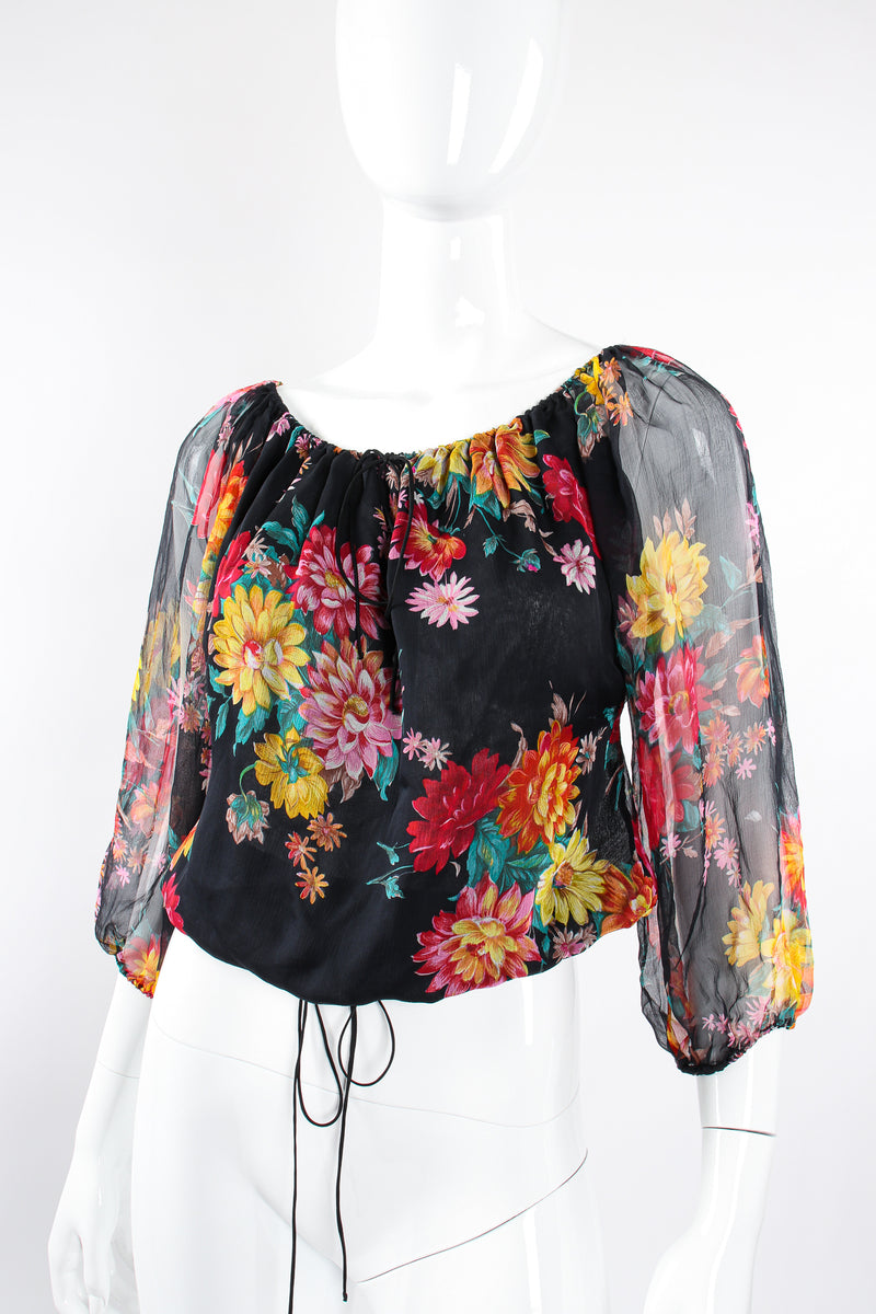 Vintage Julio Espada Floral Silk Peasant Top on Mannequin angle at Recess Los Angeles