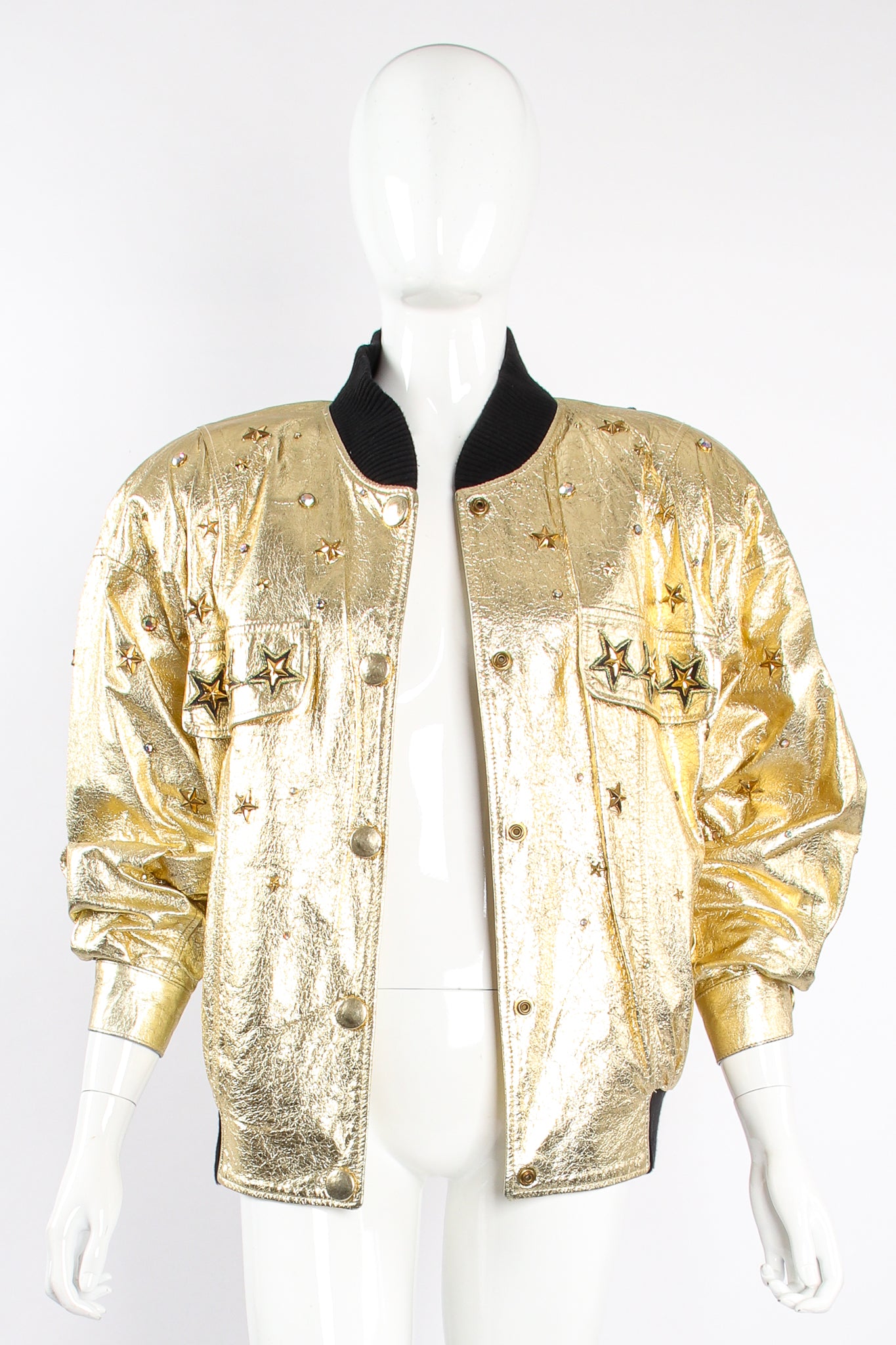 Vintage K.Baumann Studded Gold Leather Bomber Jacket on Mannequin front at Recess Los Angeles