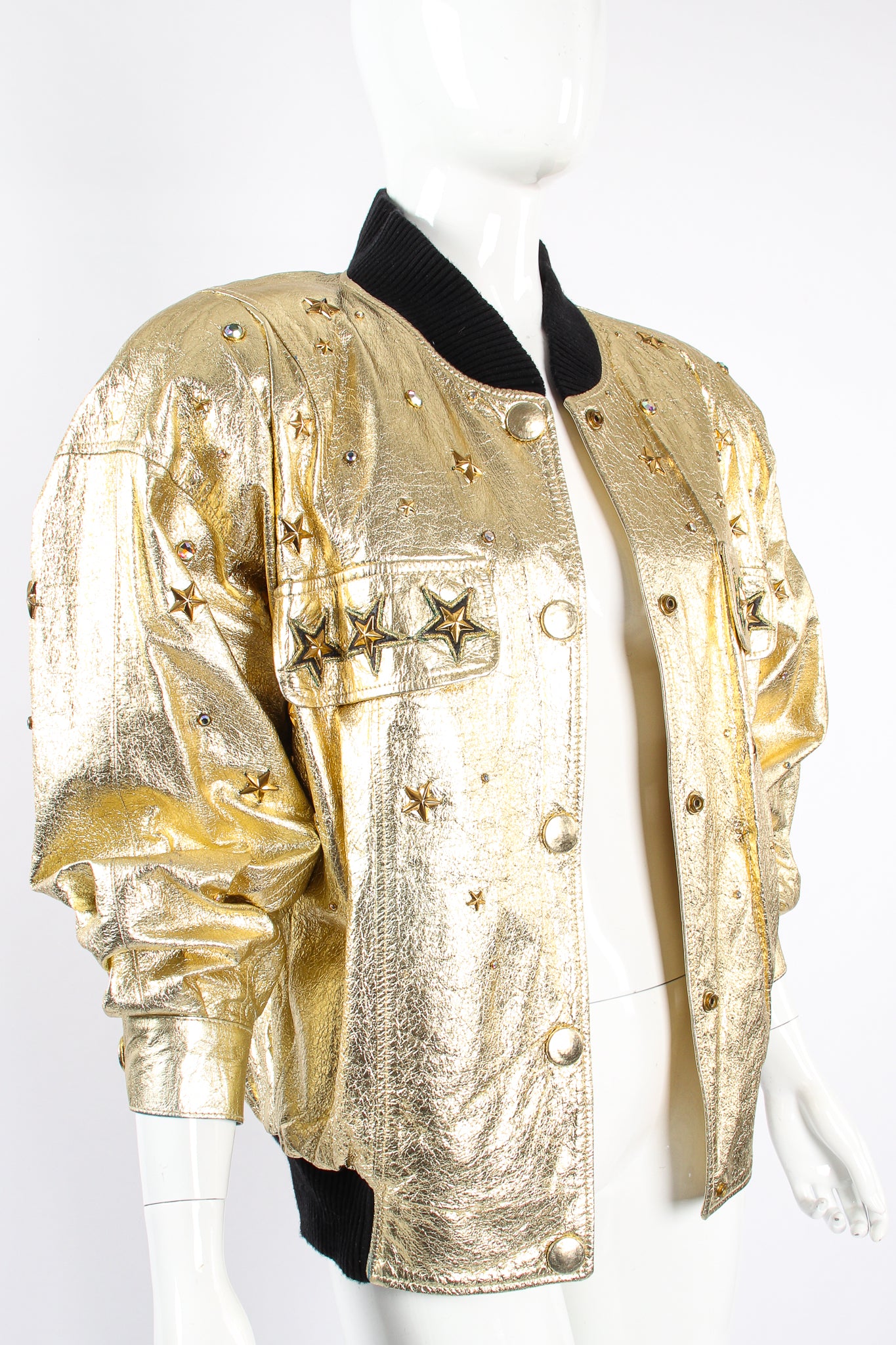 Vintage K.Baumann Studded Gold Leather Bomber Jacket on Mannequin open at Recess Los Angeles