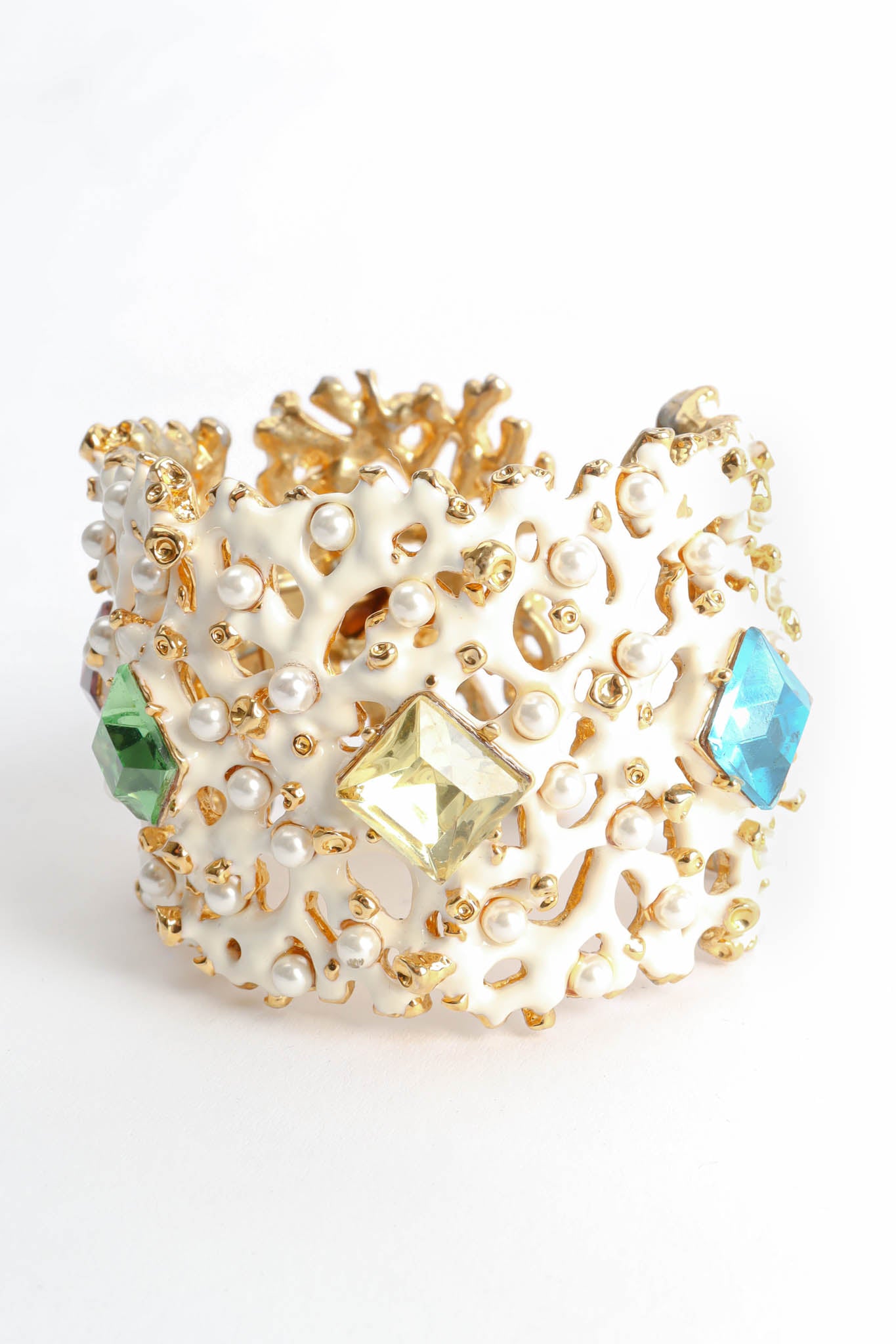 Vintage Kenneth Jay Lane Enamel Pearl Stone Cuff front @ Recess Los Angeles