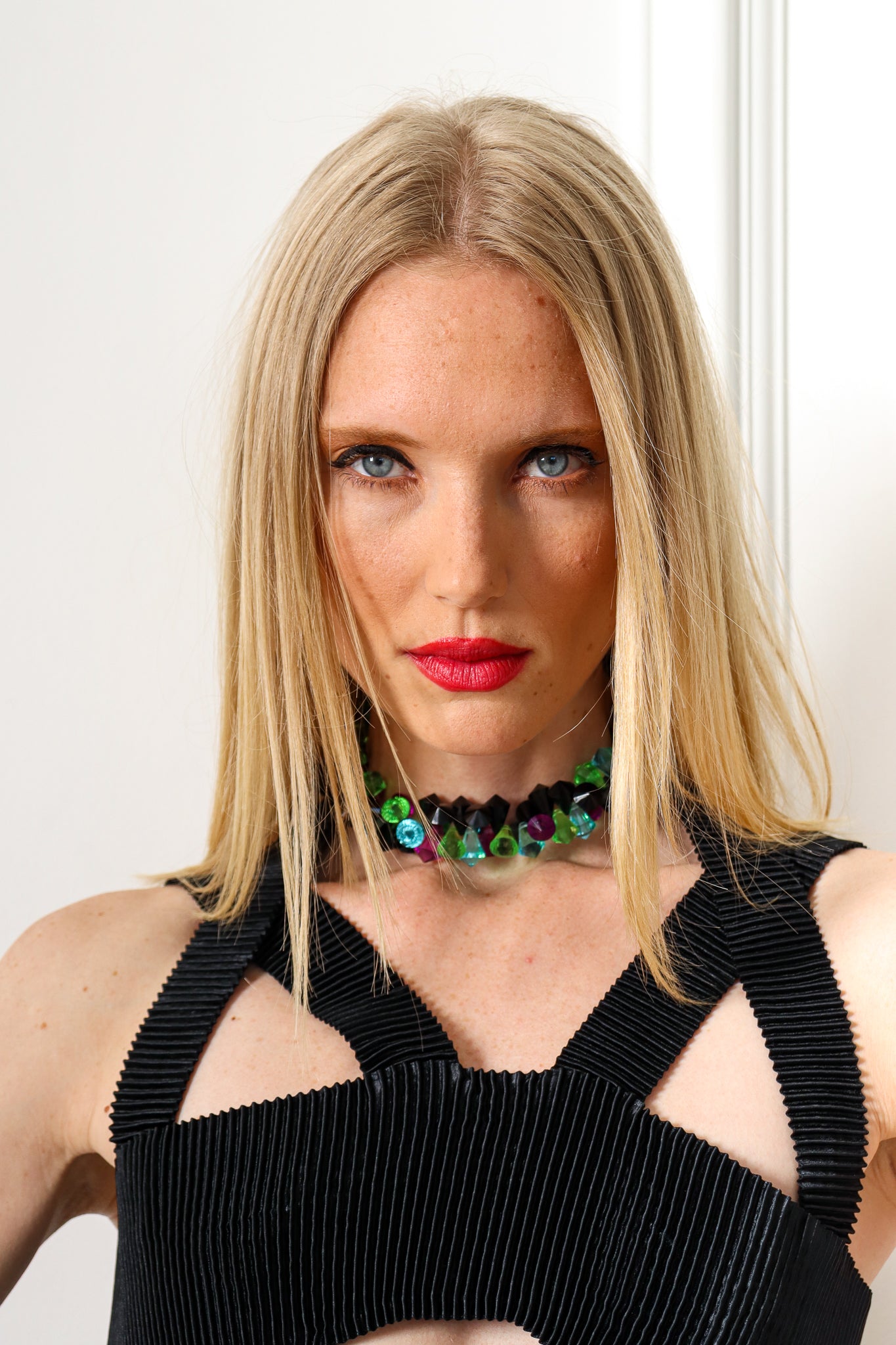 Model Miranda Vintage William De Lillo Multicolor Briolette Choker close up at Recess Los Angeles