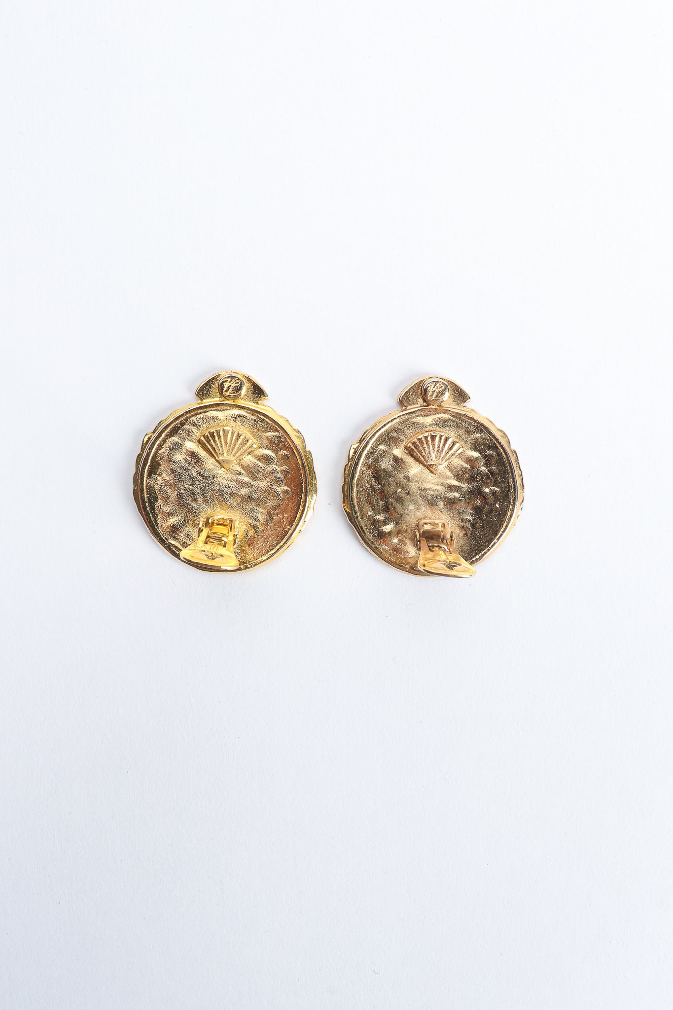 Vintage Karl Lagerfeld Gold Monogram Logo Button Earrings Backside at Recess Los Angeles