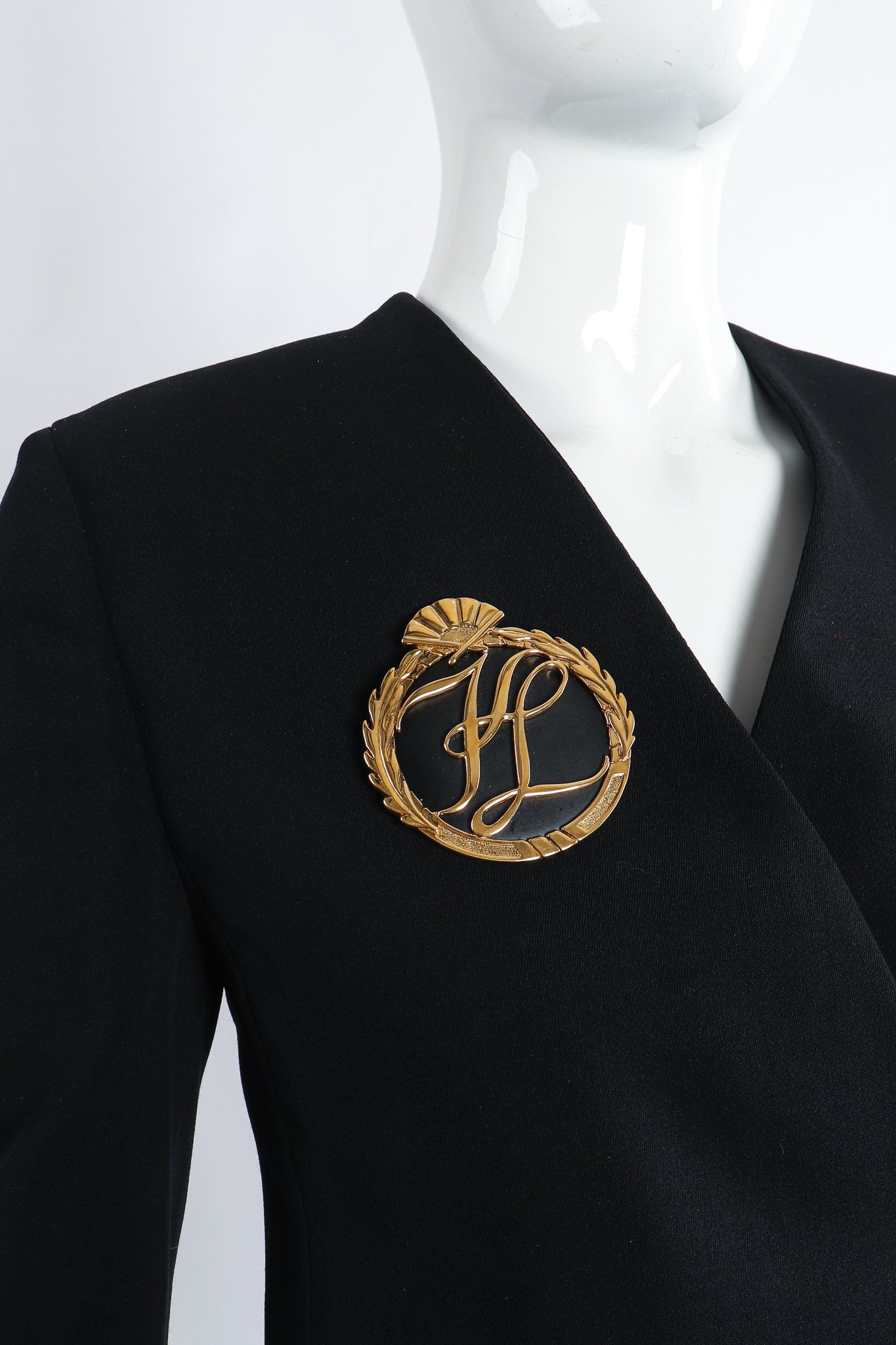 Vintage Karl Lagerfeld Oversized Monogram Logo Brooch on Mannequin at Recess Los Angeles