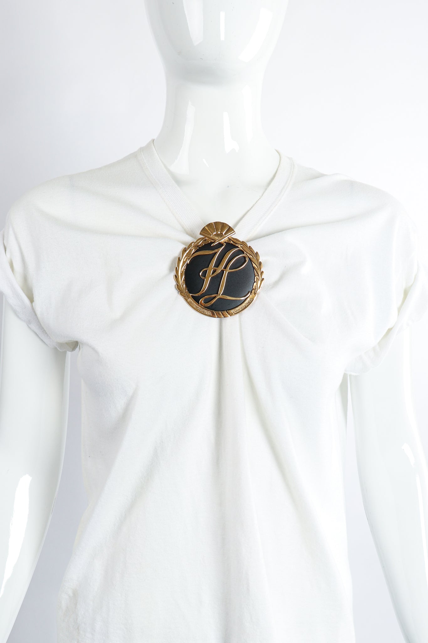 Vintage Karl Lagerfeld Oversized Monogram Logo Brooch on Mannequin at Recess Los Angeles