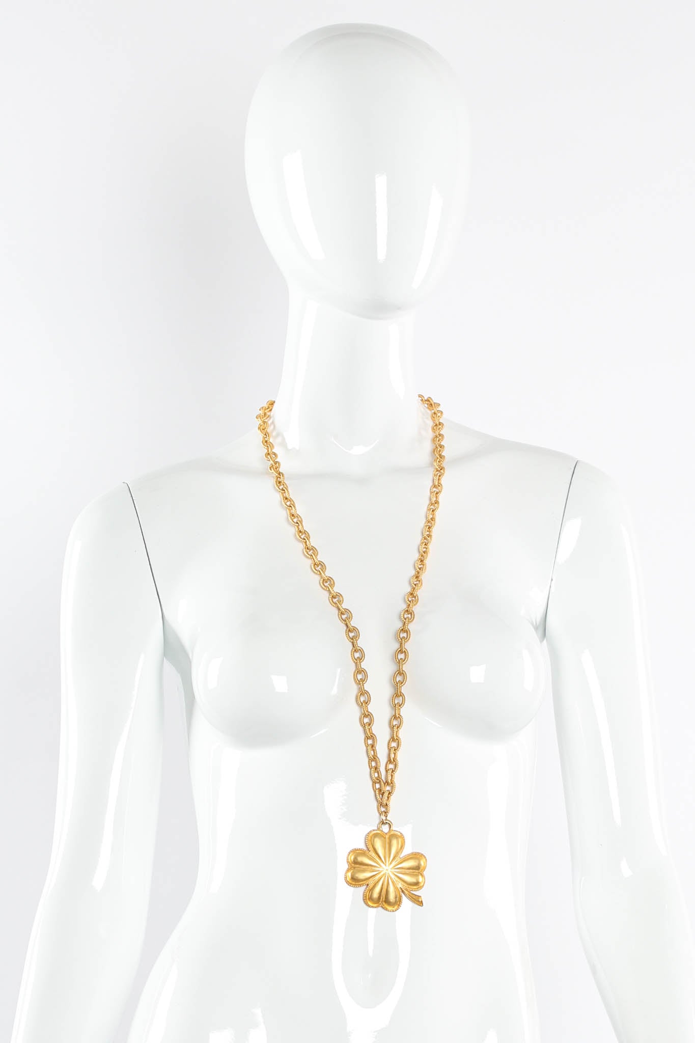 Vintage Karl Lagerfeld Lucky Clover Leaf Necklace on mannequin @ Recess Los Angeles