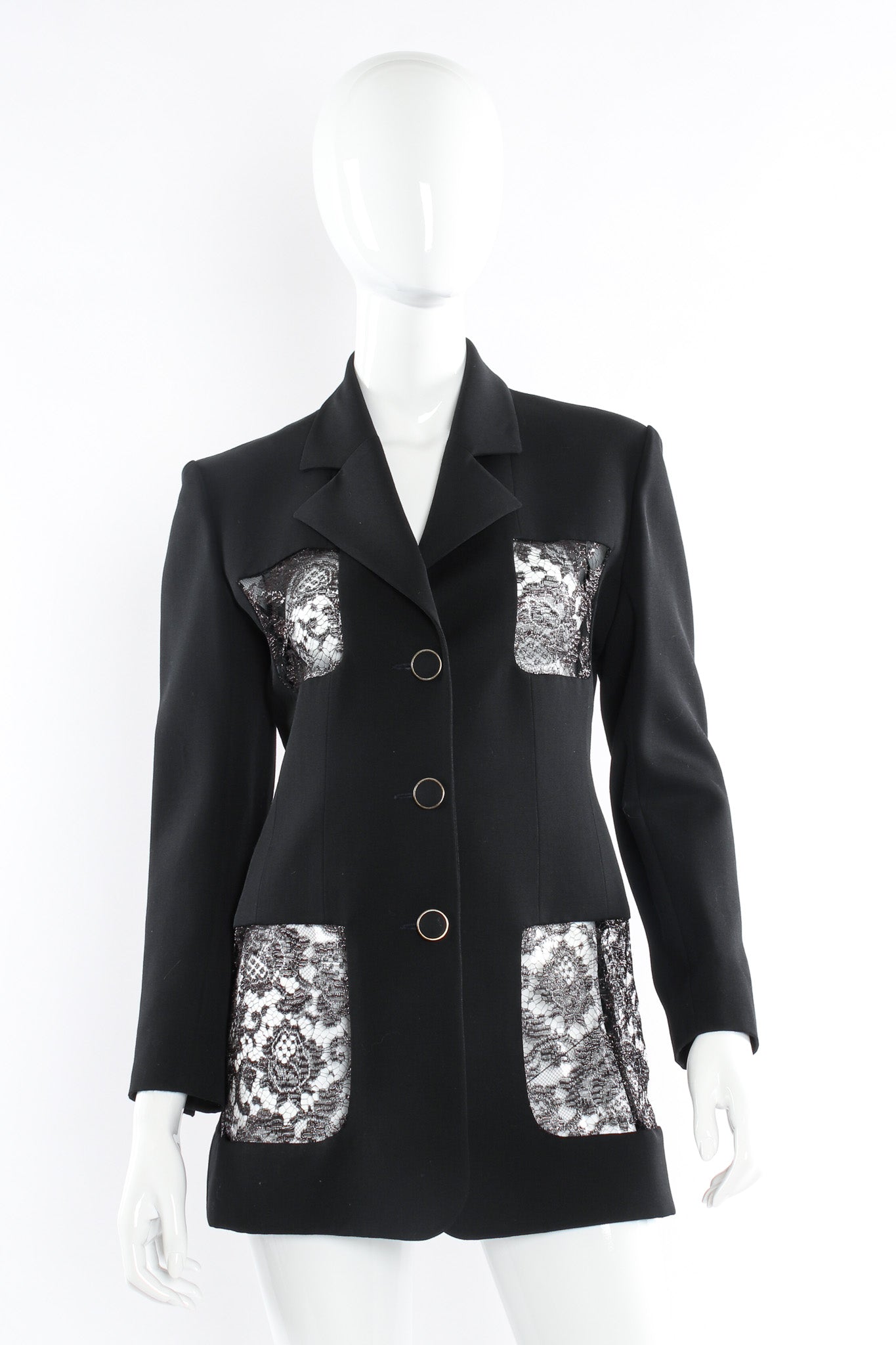 Vintage Karl Lagerfeld Metallic Lace Panel Wool Blazer mannequin front @ Recess LA