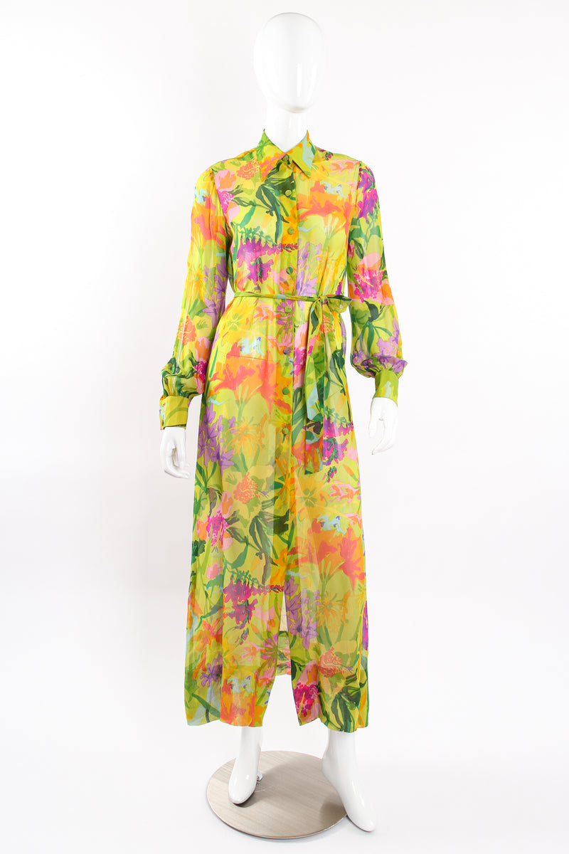 Vintage Ken Scott Tropical Chiffon Shirt Dress Duster on Mannequin front belted at Recess LA