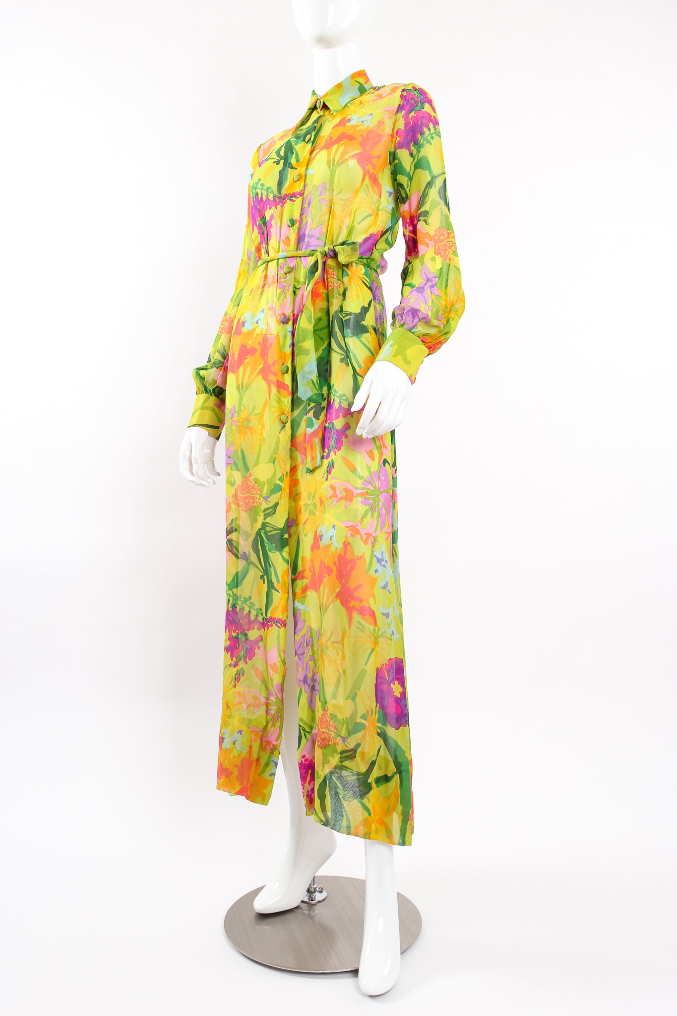 Vintage Ken Scott Tropical Chiffon Shirt Dress Duster on Mannequin front angle at Recess LA