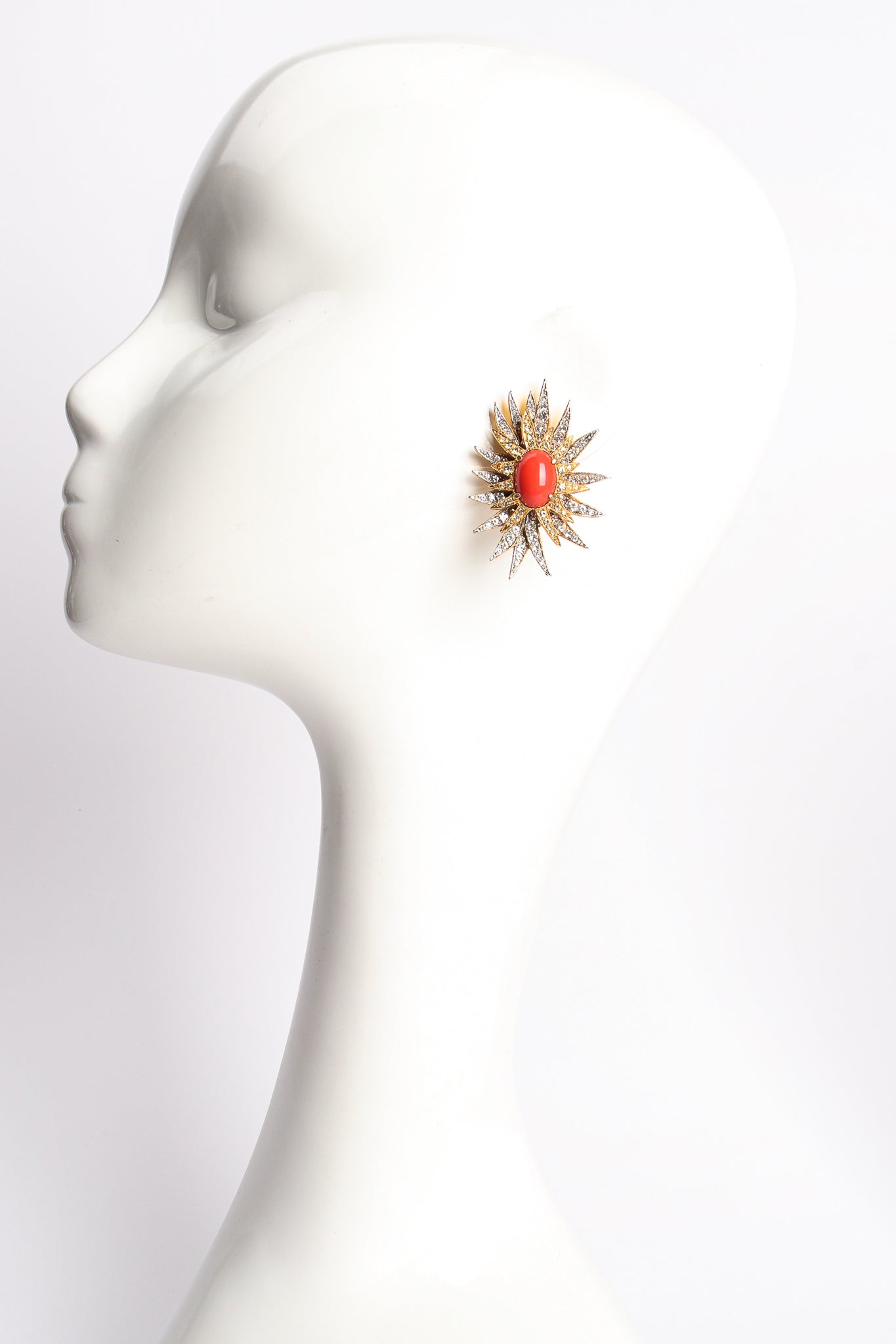 Vintage Kenneth Jay Lane Coral Rhinestone Burst Earrings on mannequin at Recess Los Angeles