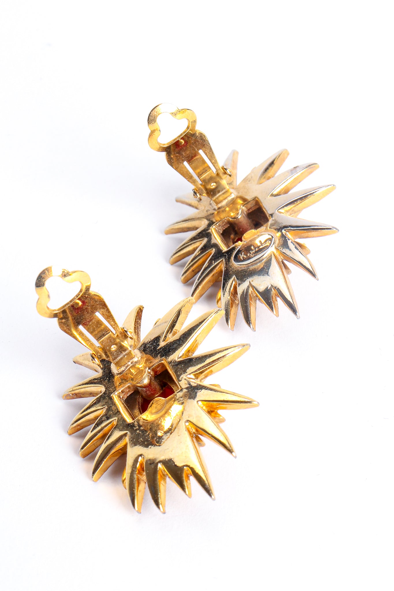 Vintage Kenneth Jay Lane Coral Rhinestone Burst Earrings clip back at Recess Los Angeles