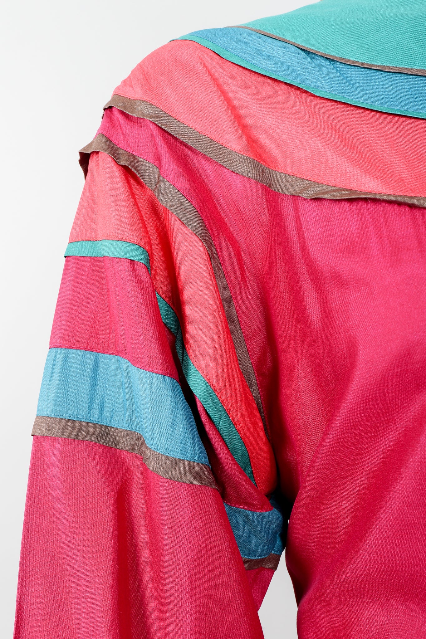 Vintage Kenzo Colorblock Silk Peasant Dress on mannequin curved yoke detail