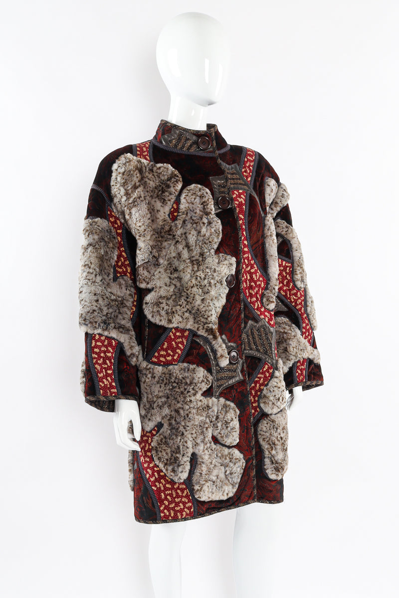 Vintage Koos Van Den Akker Leaf Foliage Fur Patchwork Coat mannequin front angle @ Recess LA