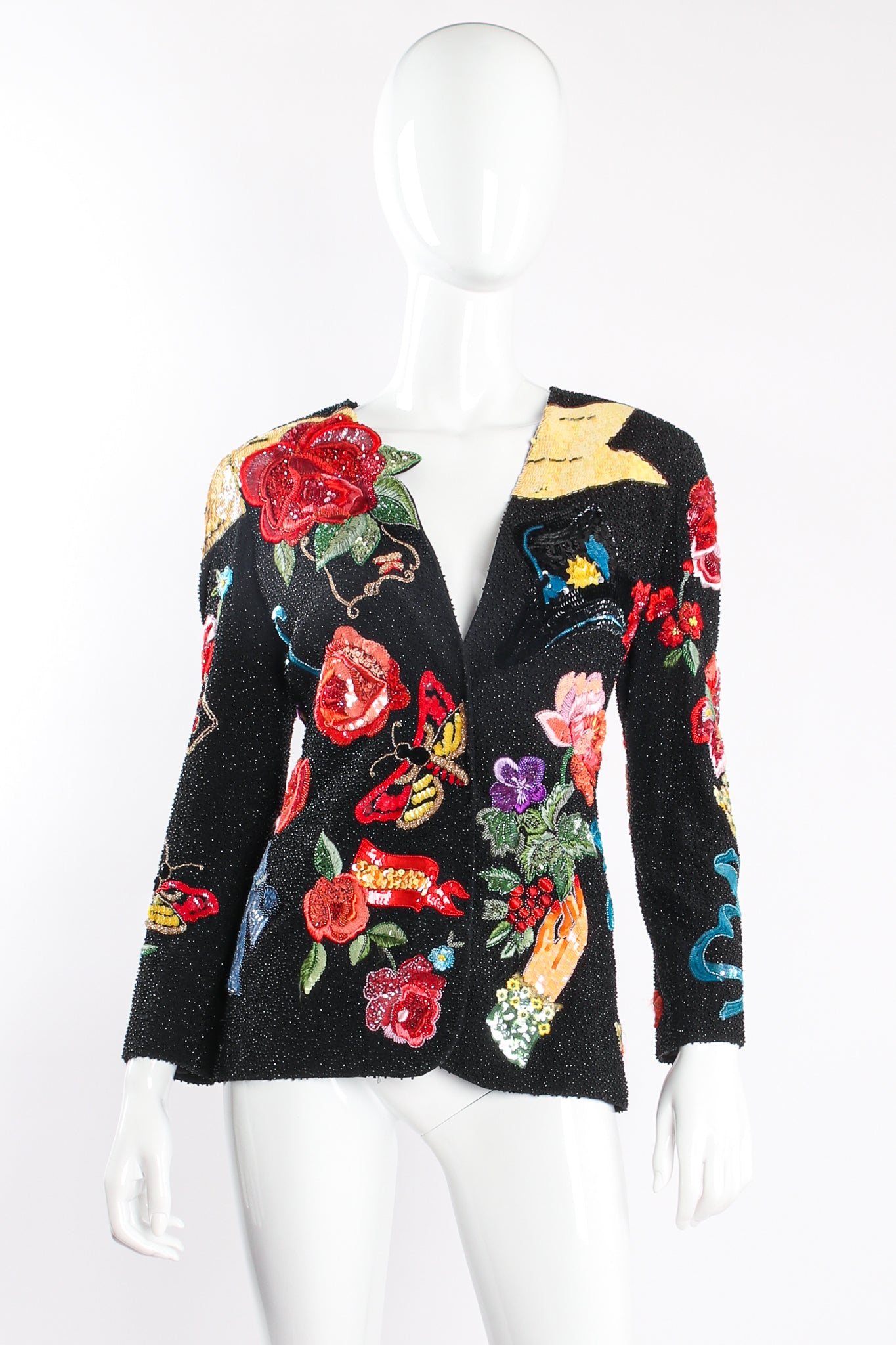 Vintage Krizia SS 1991 Runway Floral Matador Beaded Jacket on Mannequin front at Recess Los Angeles