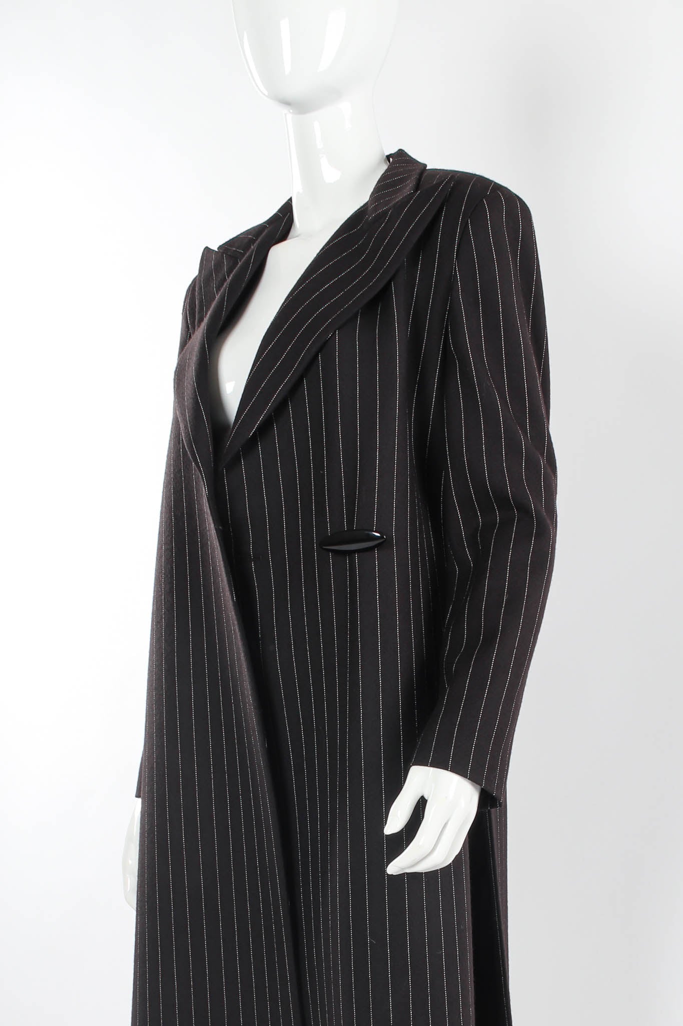 Vintage Krizia Pinstripe High Slit Wool Coat mannequin angle close @ Recess Los Angeles