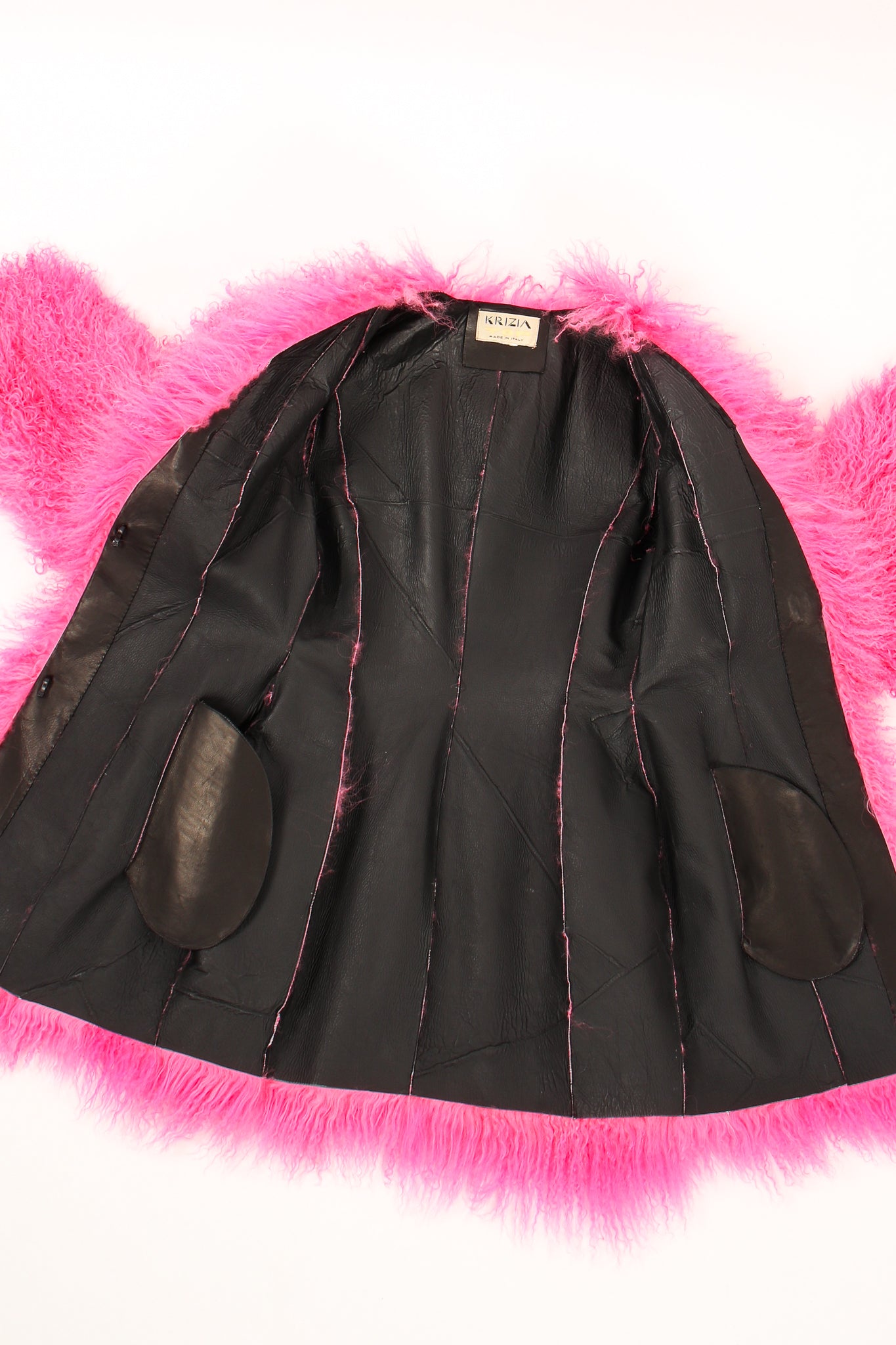 Vintage Krizia Hot pInk Slim Mongolian Fur Coat inside face at Recess Los Angeles