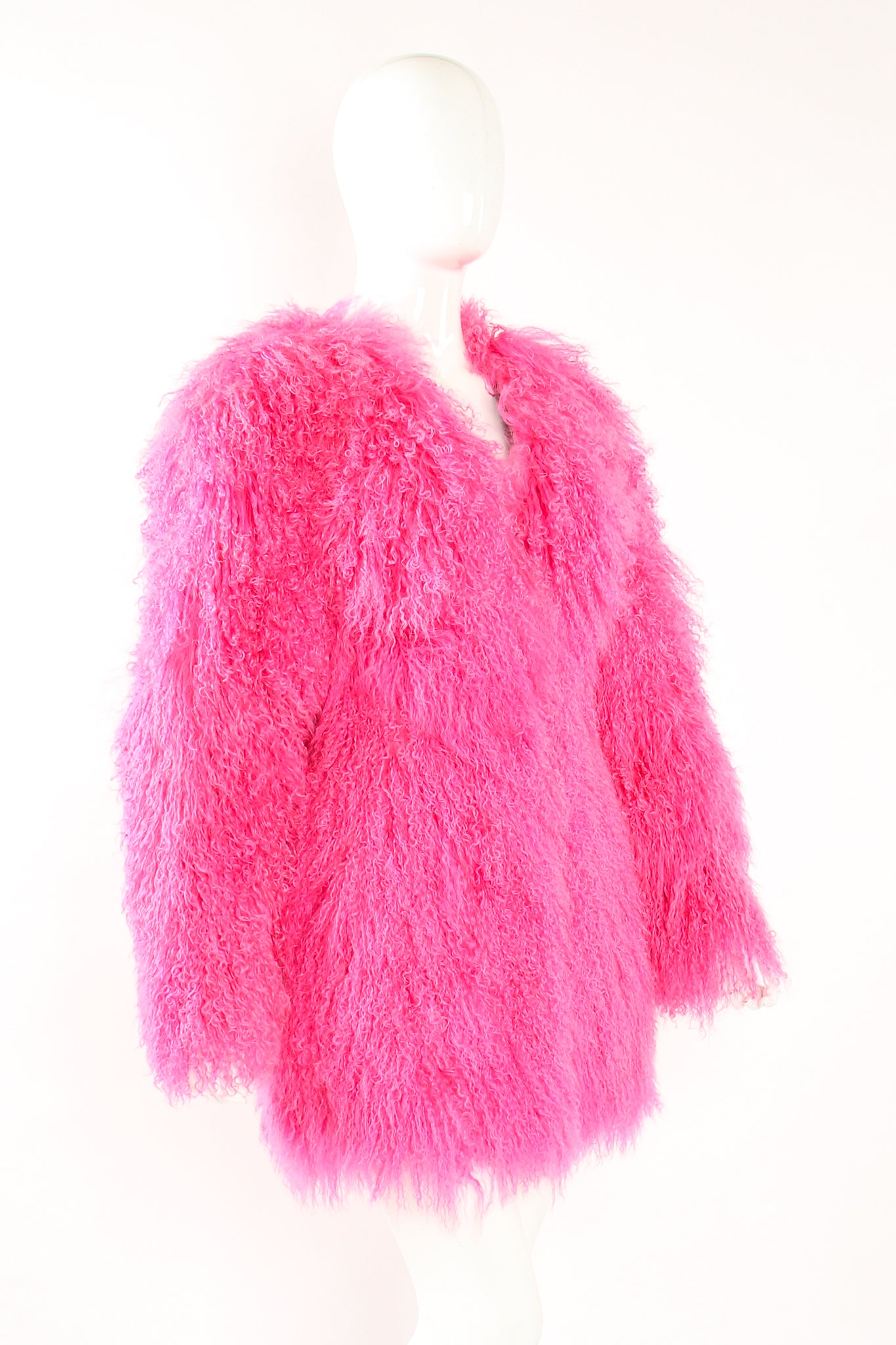 Vintage Krizia Hot pInk Slim Mongolian Fur Coat on Mannequin angle at Recess Los Angeles