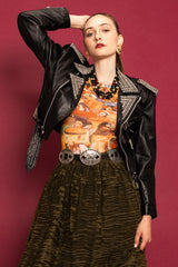 Vintage L.A. Roxx Leather Rhinestone & Studded Jacket on Model @ Recess LA