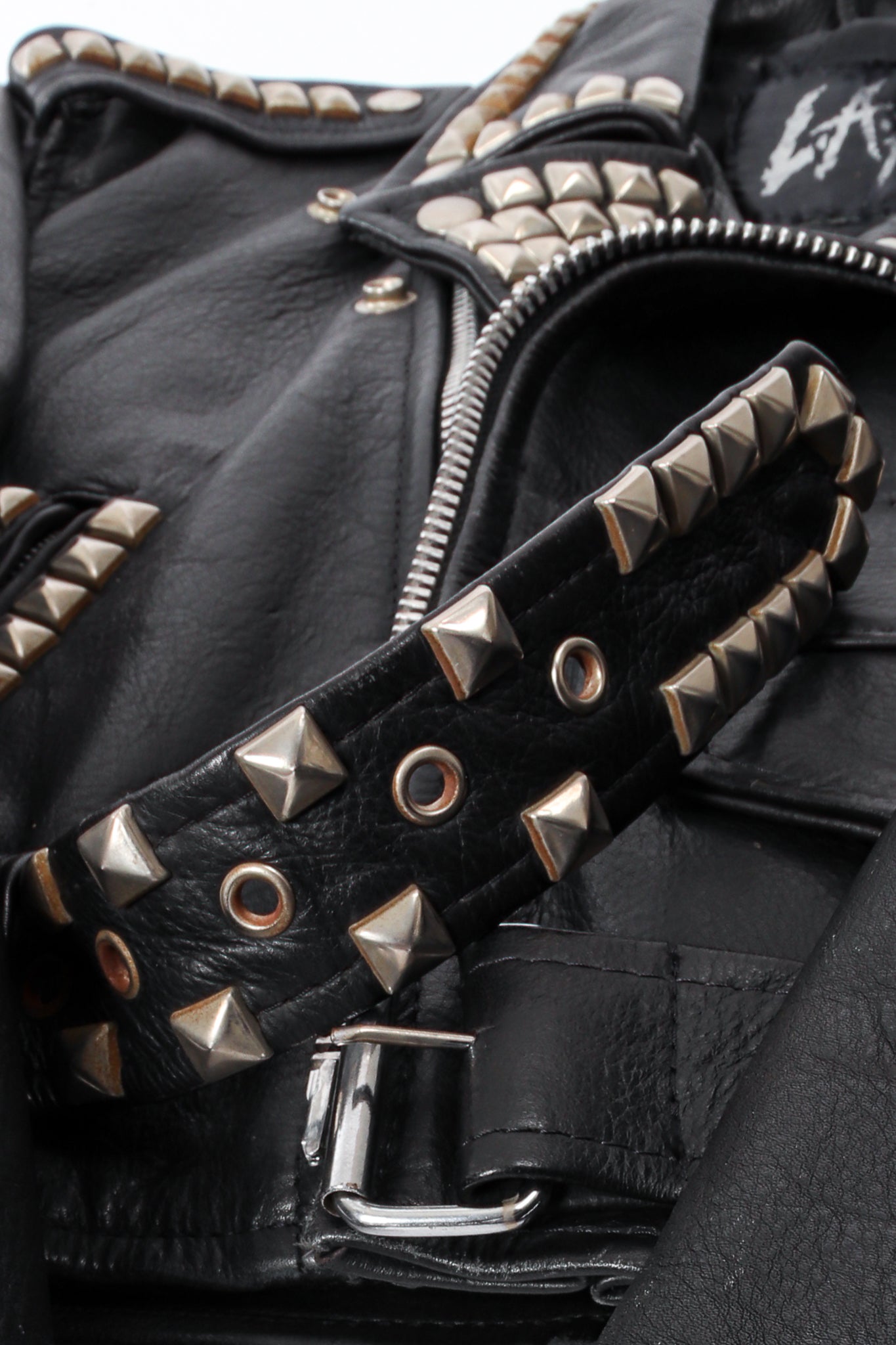 Vintage L.A. Roxx Eagle Studded Leather Biker Jacket collar at Recess Los Angeles