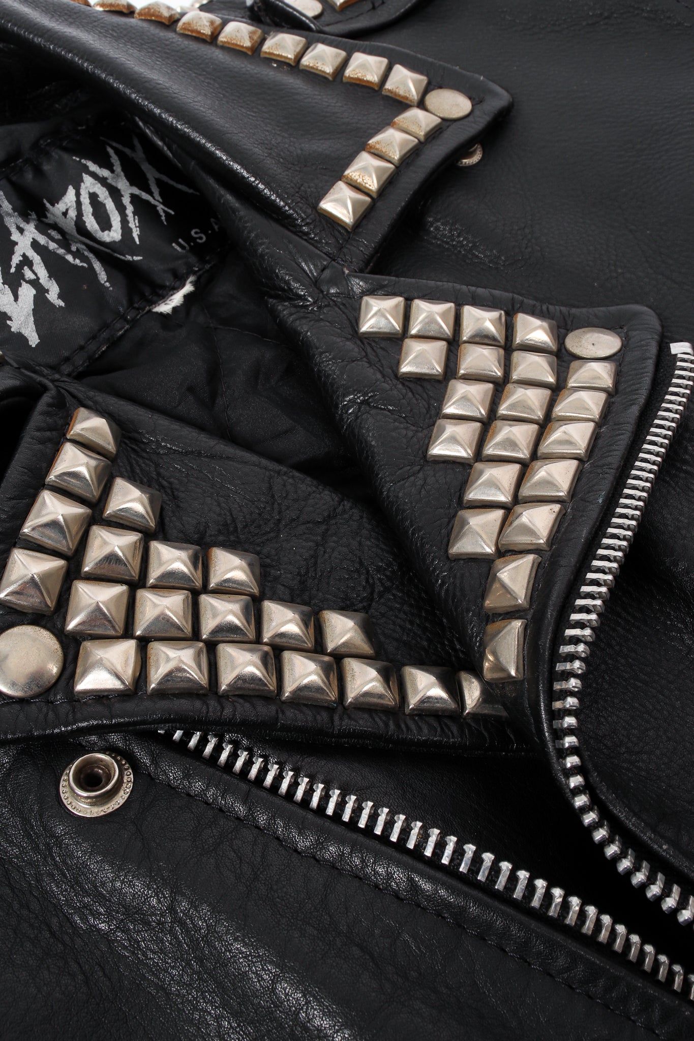 Vintage L.A. Roxx Eagle Studded Leather Biker Jacket collar at Recess Los Angeles