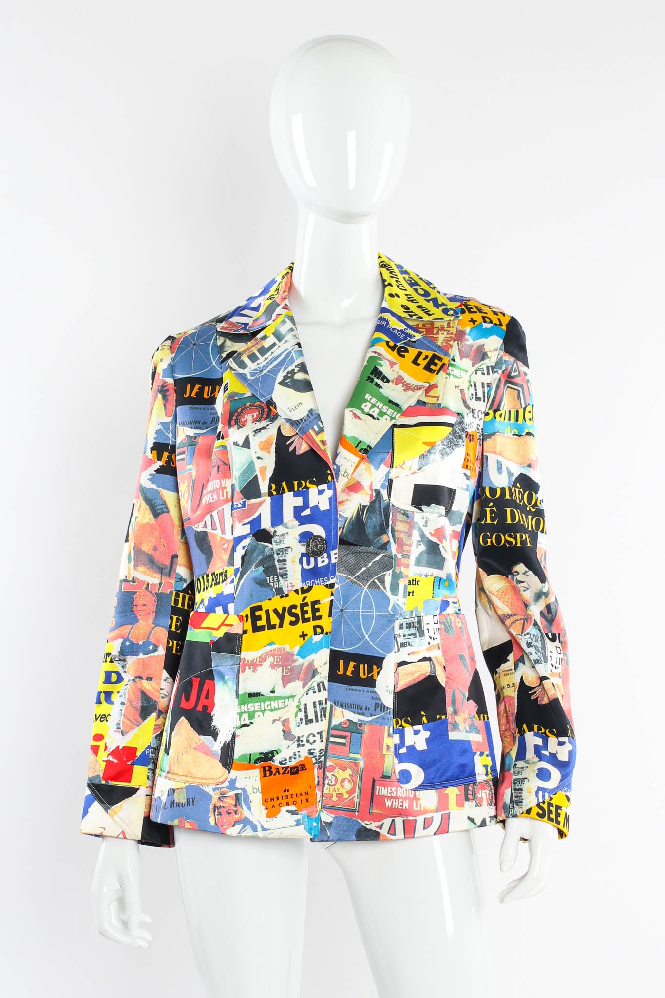 Vintage Christian Lacroix 2000s Lacerated Poster Art Blazer mannequin front @ Recess Los Angeles