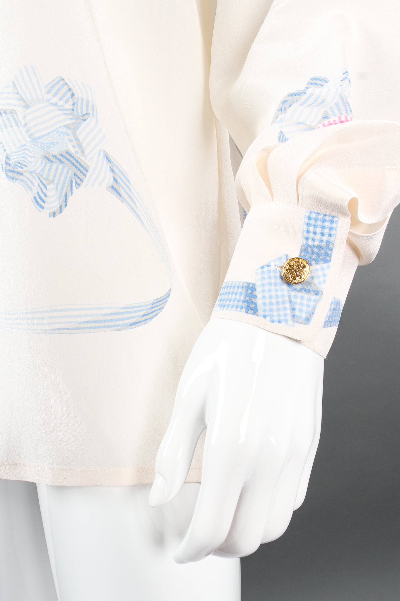 Vintage Escada Le Dolce Vita Ribbon Shirt on Mannequin sleeve cuff at Recess Los Angeles