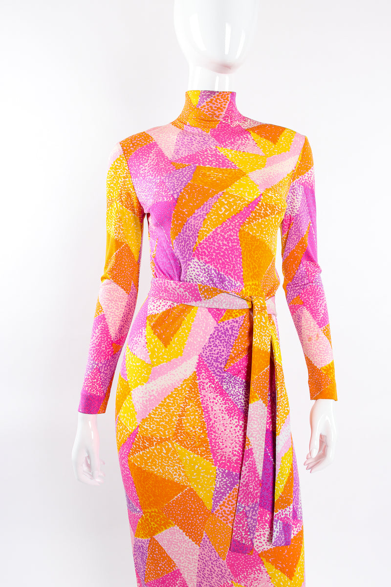 Vintage La Mendola Geometric Silk Jersey Dress belted on Mannequin front crop @ Recess LA