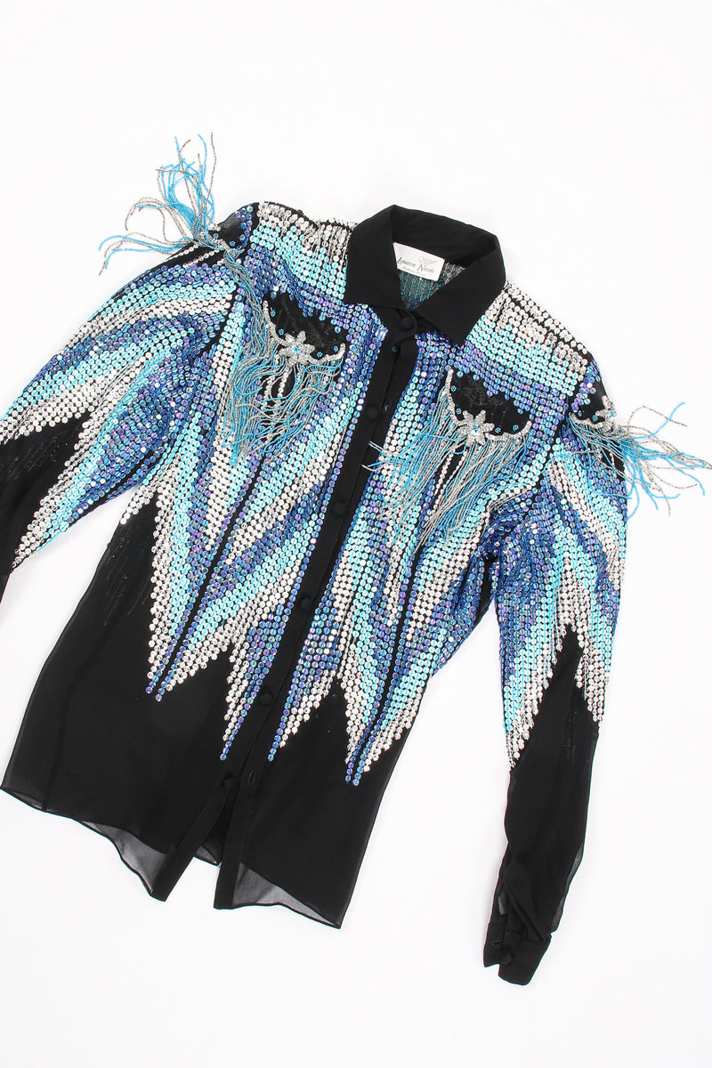 Vintage Lauren Nicole Sheer Sequin Fringe Shirt flat at Recess Los Angeles