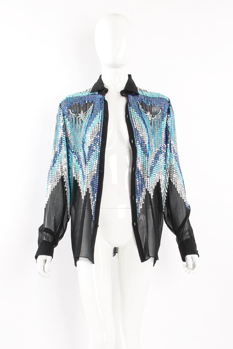 Vintage Lauren Nicole Sheer Sequin Fringe Shirt on Mannequin front open at Recess Los Angeles