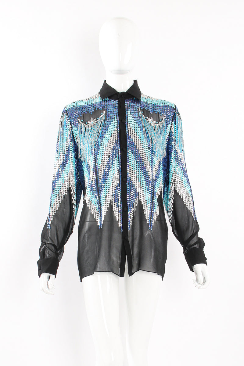 Vintage Lauren Nicole Sheer Sequin Fringe Shirt on Mannequin front at Recess Los Angeles