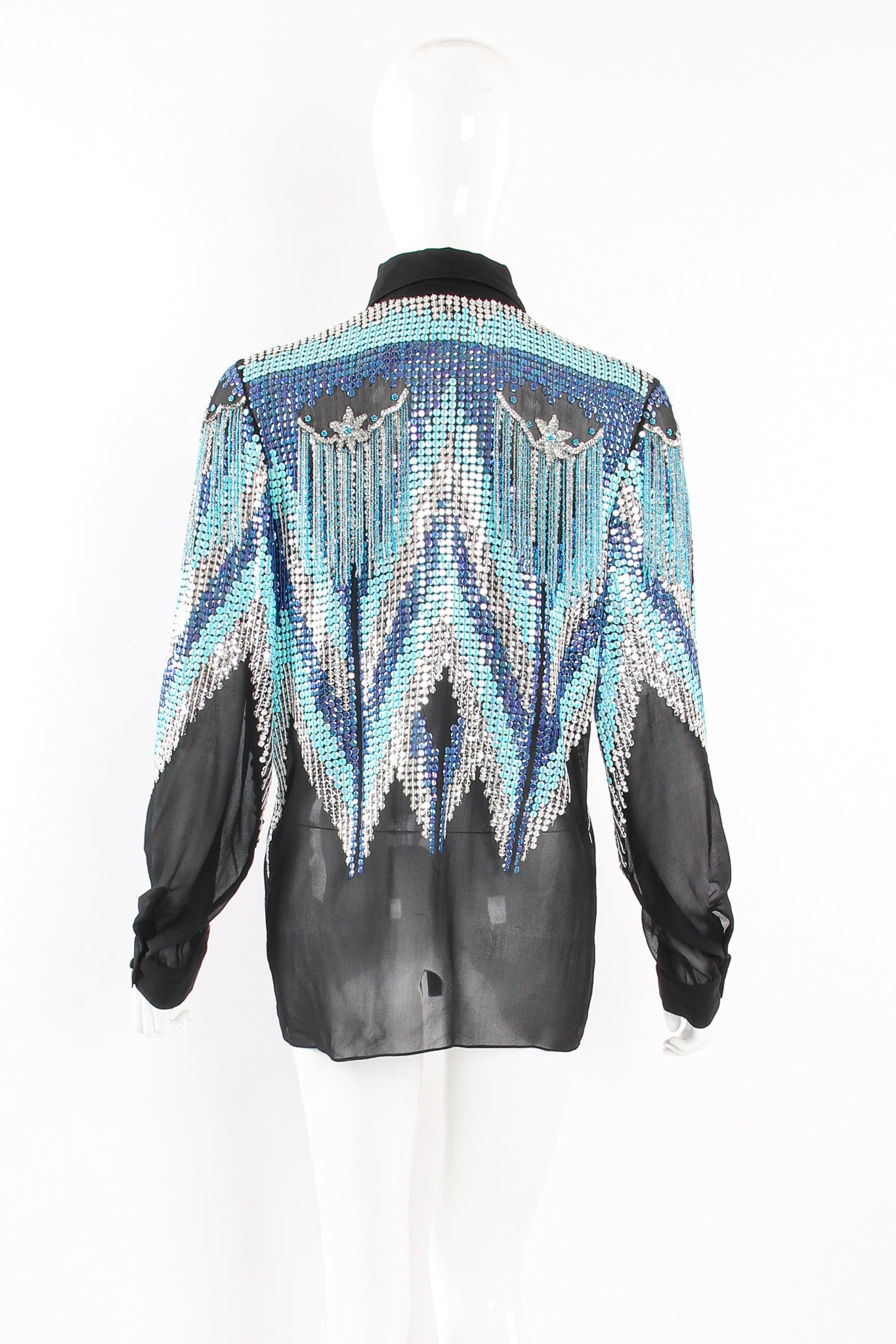 Vintage Lauren Nicole Sheer Sequin Fringe Shirt on Mannequin back at Recess Los Angeles